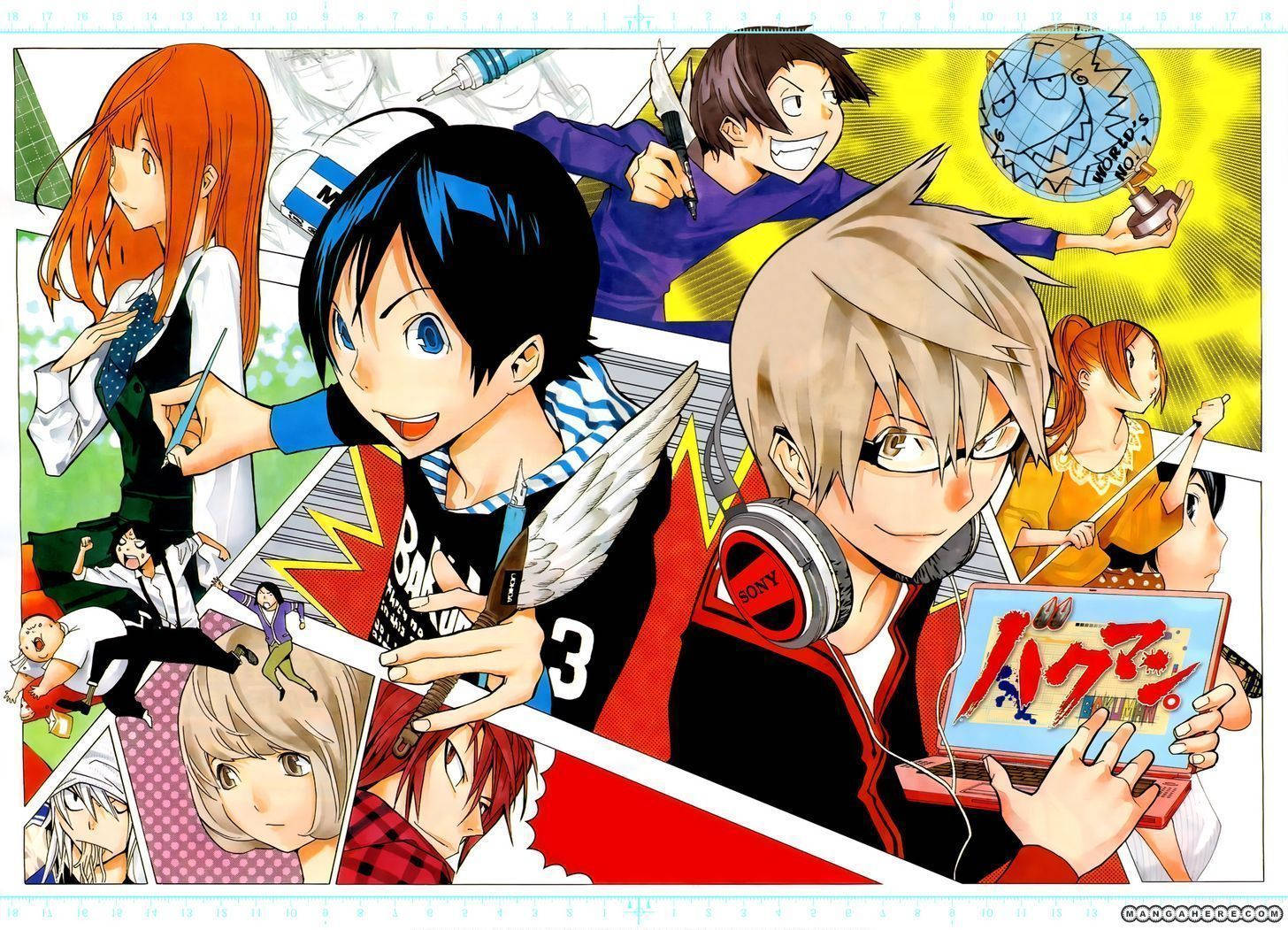 《Bakuman》漫畫角色 壁紙 — 充滿活力的動漫角色在動態漫畫面板中展示富有表現力的面孔和充滿活力的姿勢。
