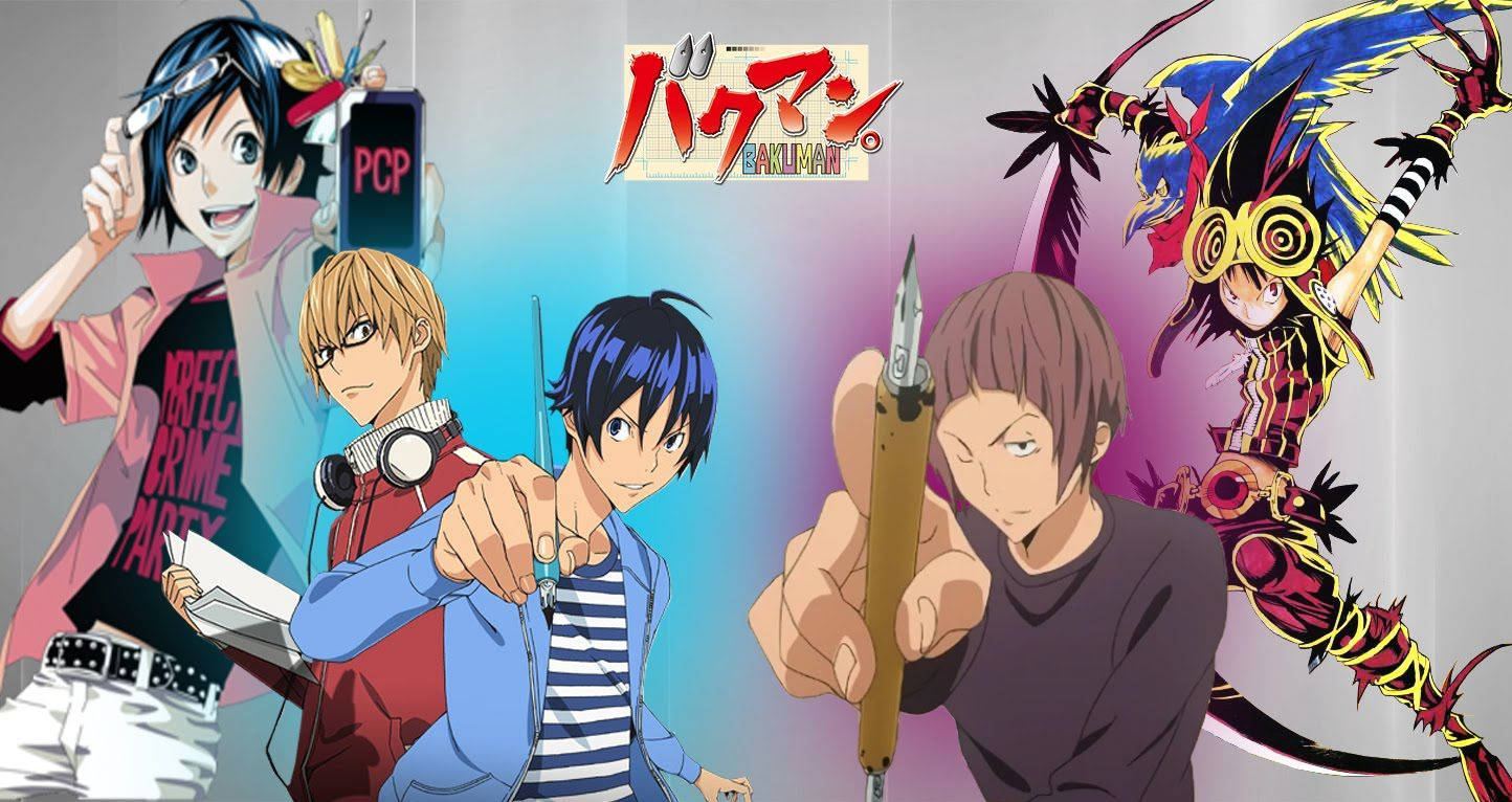 《Bakuman》與烏鴉角色 壁紙 — 來自《爆漫王》的動漫角色在漸變背景前擺姿勢，手持藝術工具，並帶有標題標誌。