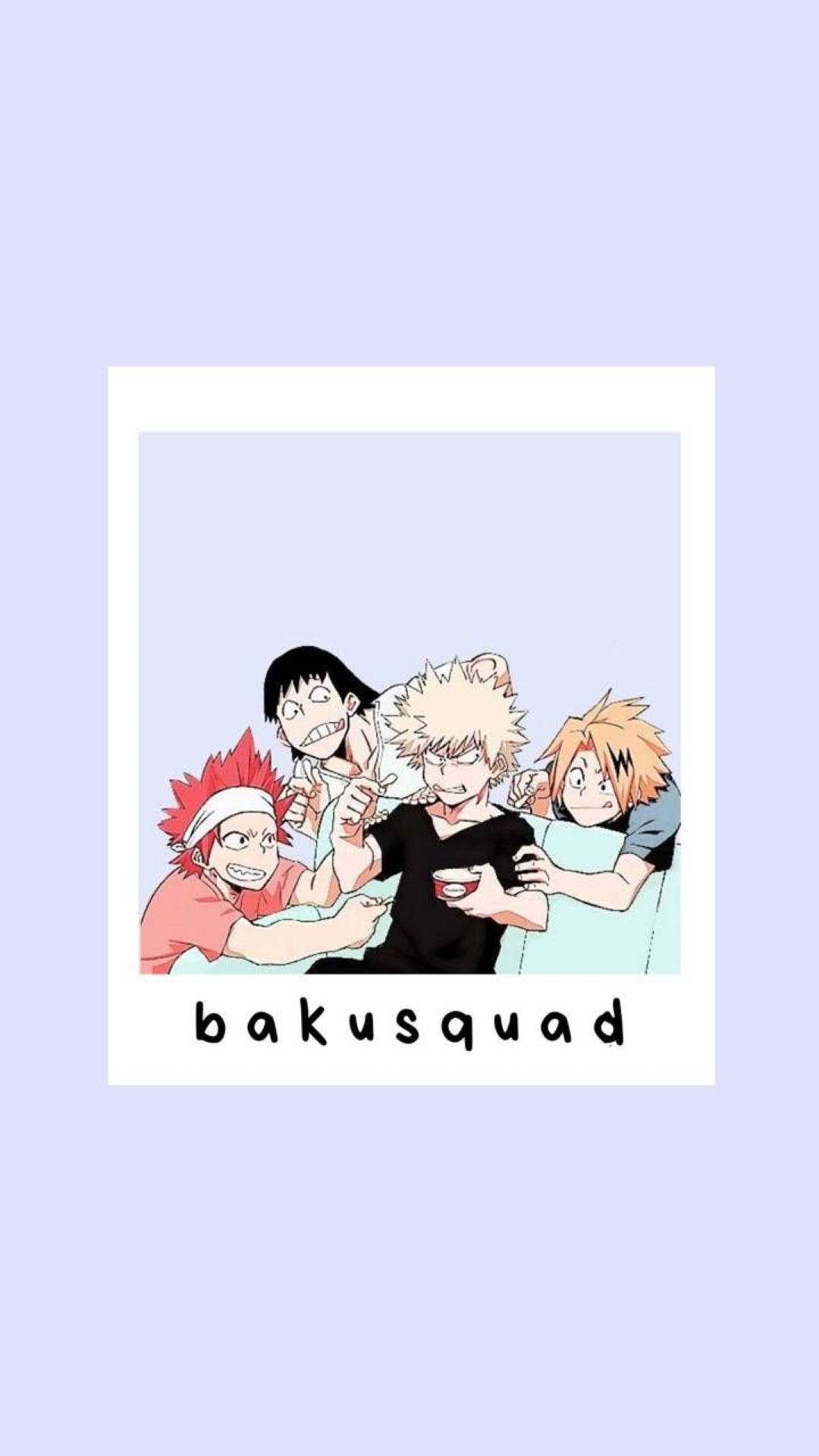四個動漫角色擁抱，下方有「bakusquad」文字。
