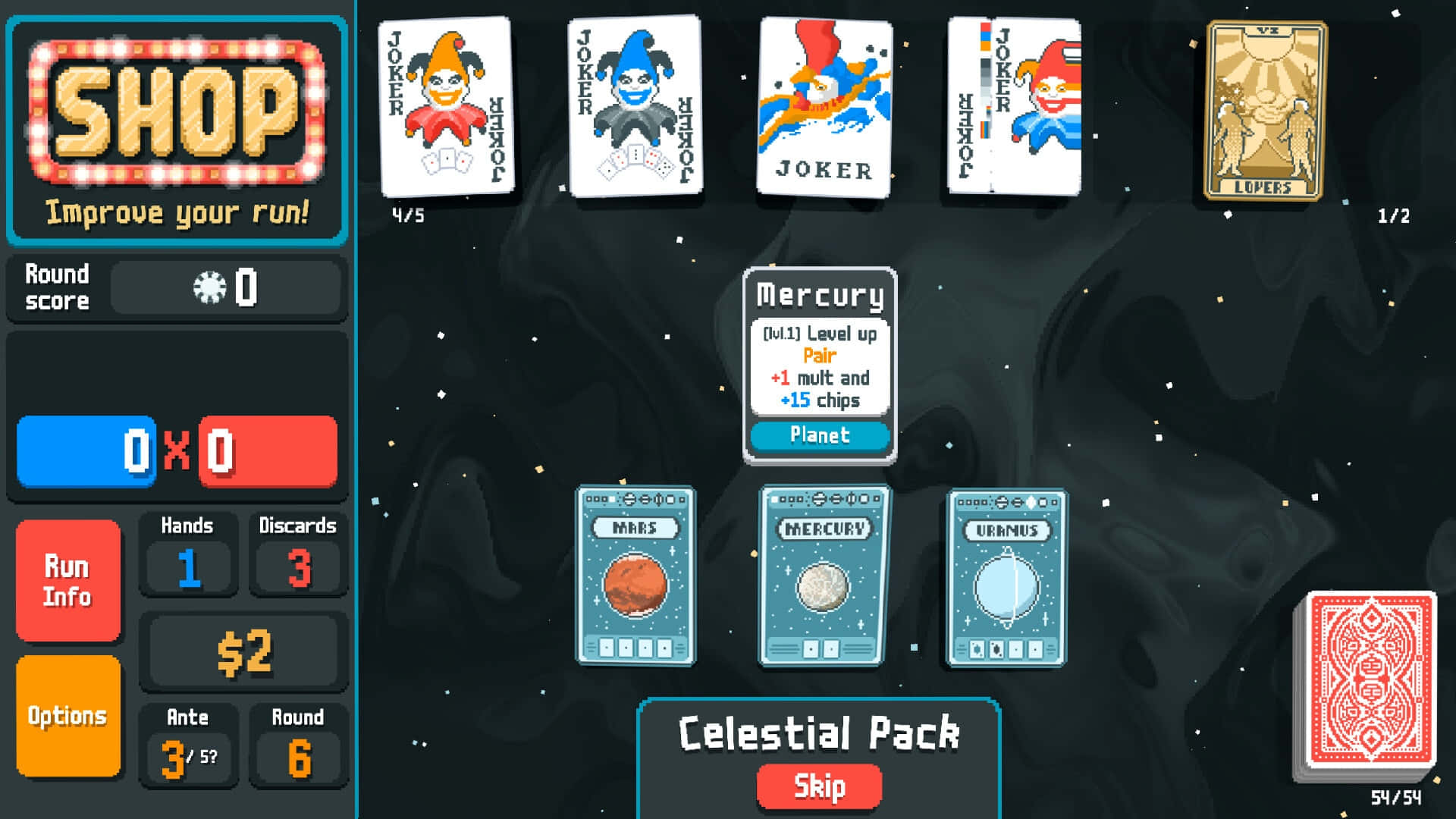 Balatro 手牌遊戲介面 壁紙 — 一個宇宙卡牌遊戲界面，小丑牌和行星牌在星空背景下漂浮。