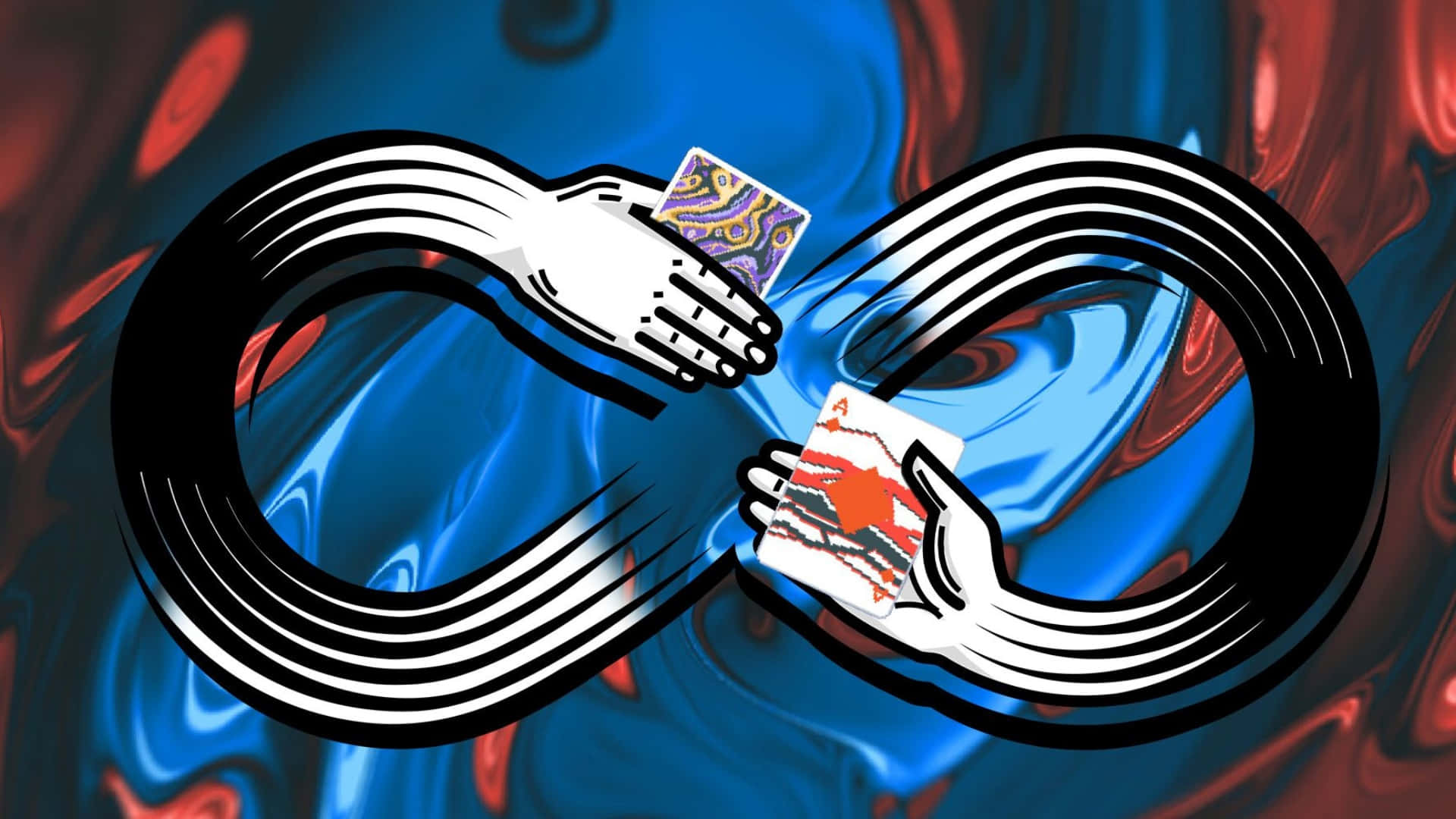Balatro 象徵與含義 壁紙 — 兩隻風格化的手形成一個無限符號，同時在旋轉的藍色和紅色抽象背景上交換撲克牌。