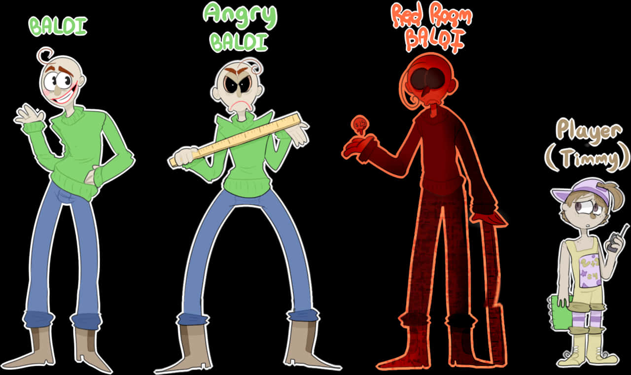 Baldi 角色演變 壁紙 — 四個卡通角色站在黑色背景前：綠色Baldi、憤怒Baldi拿著球棒、紅色房間Baldi發出紅光、玩家Timmy拿著手電筒。