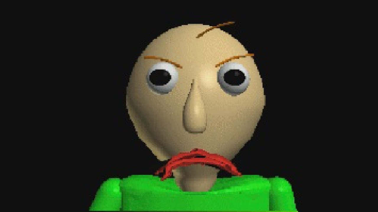 黑色背景下的憤怒Baldi 壁紙 — 一個像素化的3D渲染角色，光頭、紅唇、穿著綠色襯衫，在黑色背景下強烈凝視。
