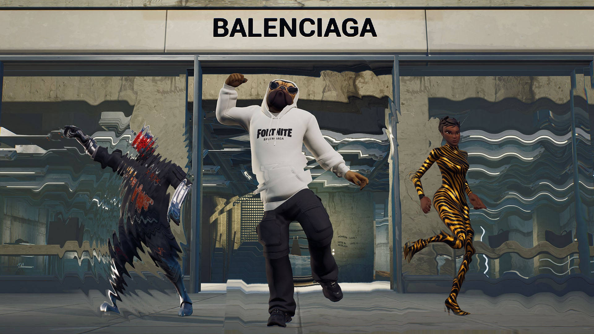 Balenciaga Fortnite 角色 壁紙 — 三個風格化的Fortnite角色在Balenciaga商店前充滿活力地跳舞，玻璃反射扭曲。