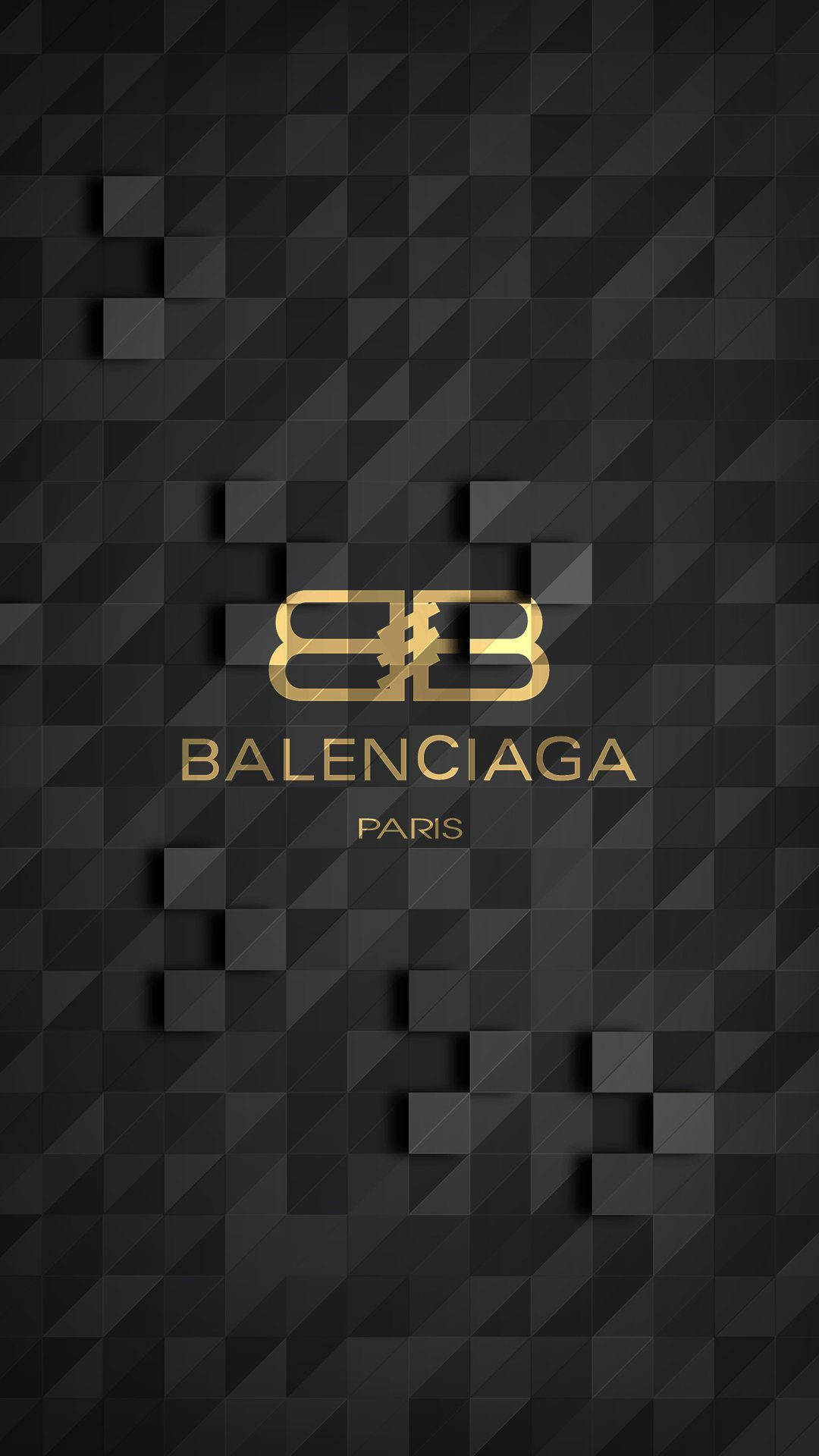 Balenciaga巴黎像素風 壁紙 — 金色Balenciaga標誌在帶有浮動立方體的紋理黑色幾何牆紙上閃耀。