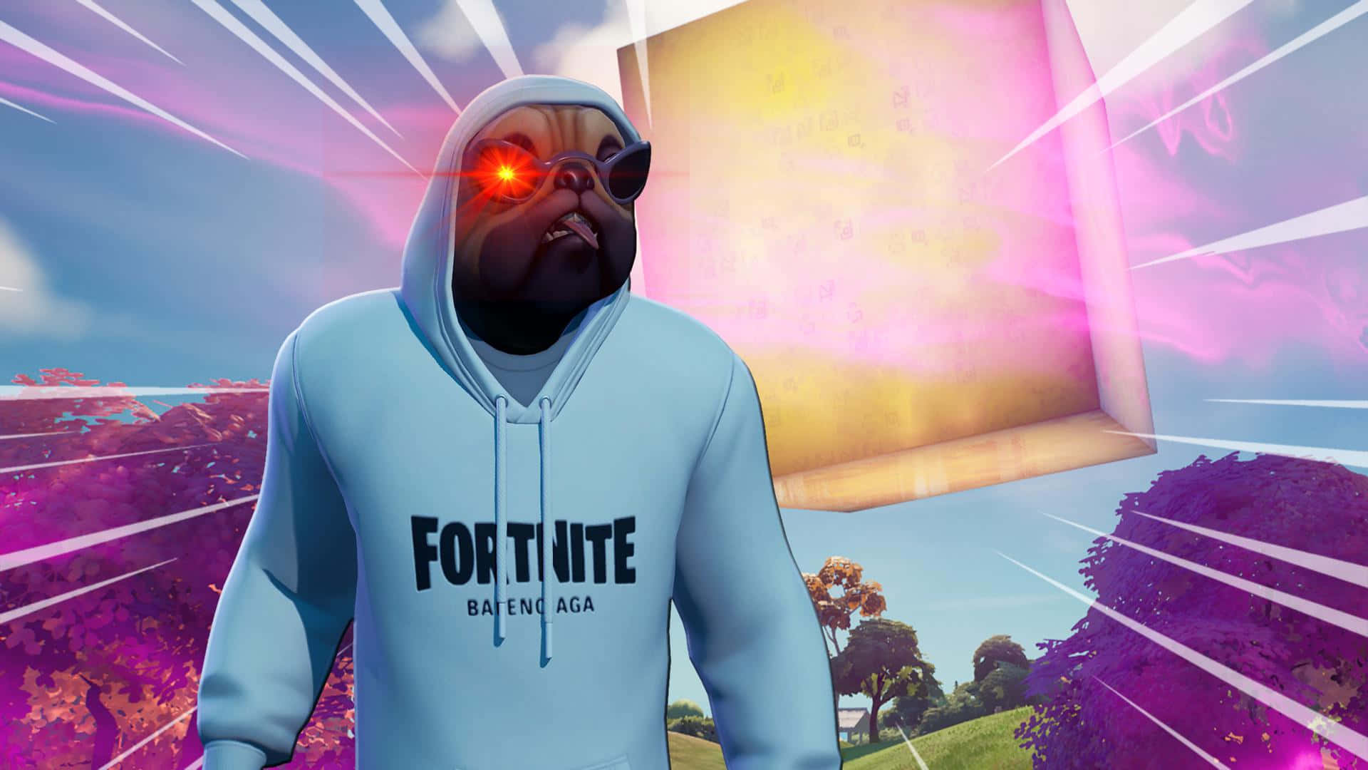 Balenciaga 的美學魅力 壁紙 — 一個穿著淺藍色連帽衫、眼睛發紅光的 Fortnite 巴哥角色站在一個漂浮的發光立方體前，背景是充滿活力的紫色和粉紅色景觀。