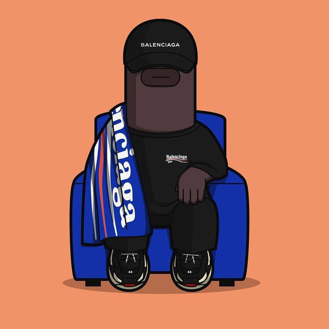 Balenciaga標誌 壁紙 — 一個風格化的卡通人物穿著Balenciaga服裝，靜靜地坐在橙色背景的藍色椅子上。
