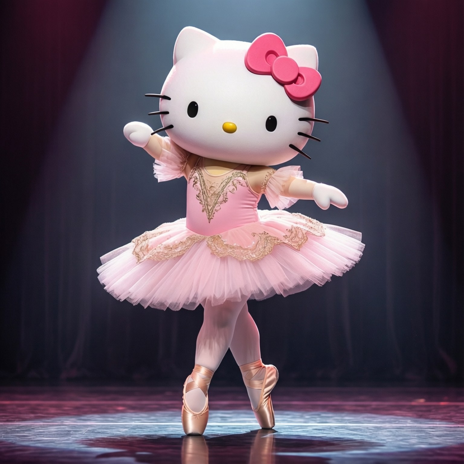 Hello Kitty 身穿粉紅色芭蕾舞服在聚光燈下舞台上表演