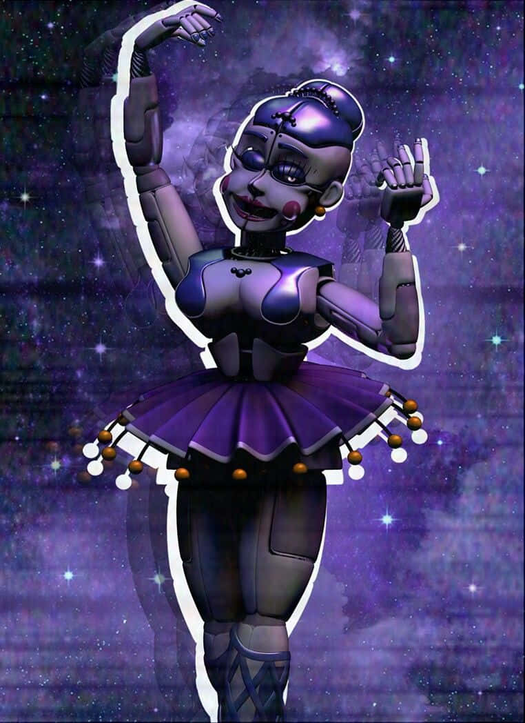 Ballora 紫色美學手機壁紙 壁紙 — 一個穿著紫色芭蕾舞裙的機械芭蕾舞者，在星光閃爍的宇宙背景下擺出姿勢，周圍有發光的燈光。