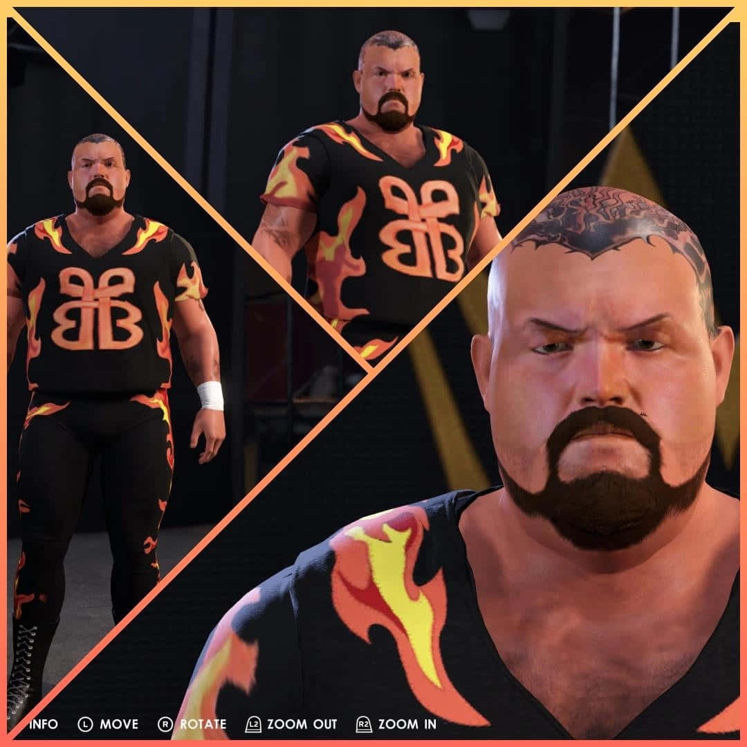 Bam Bam Bigelow WWE2K 系列遊戲角色壁紙 壁紙 — 一個肌肉發達的摔角手穿著黑色火焰圖案服裝，帶有橙色和黃色點綴，在黑暗背景下以三個動態姿勢展示。