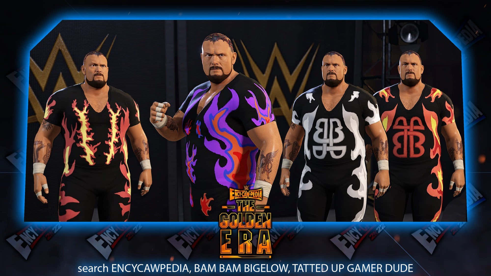 Bam Bam Bigelow WWE 2k19 遊戲角色壁紙 壁紙 — 四名肌肉發達的摔角手身穿火焰和部落圖案的黑色服裝，自信地站在發光的藍色框架下，背景為WWE標誌。