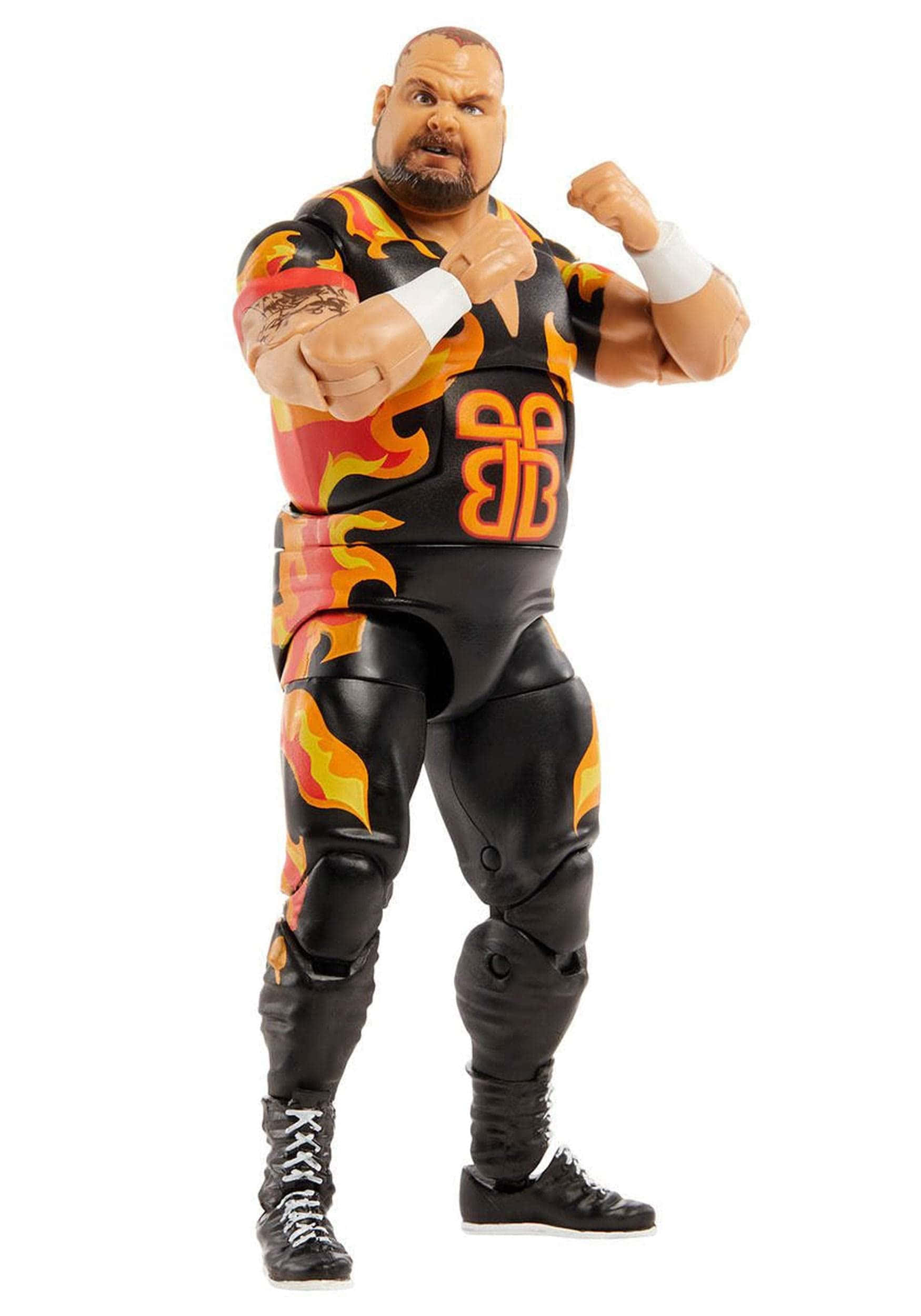 Bam Bam Bigelow WWE Wrestling Elite 收藏人偶 壁紙 — 一個肌肉發達的摔角手動作人偶，身穿黑色和橙色火焰圖案服裝，在白色背景前握拳擺姿勢。
