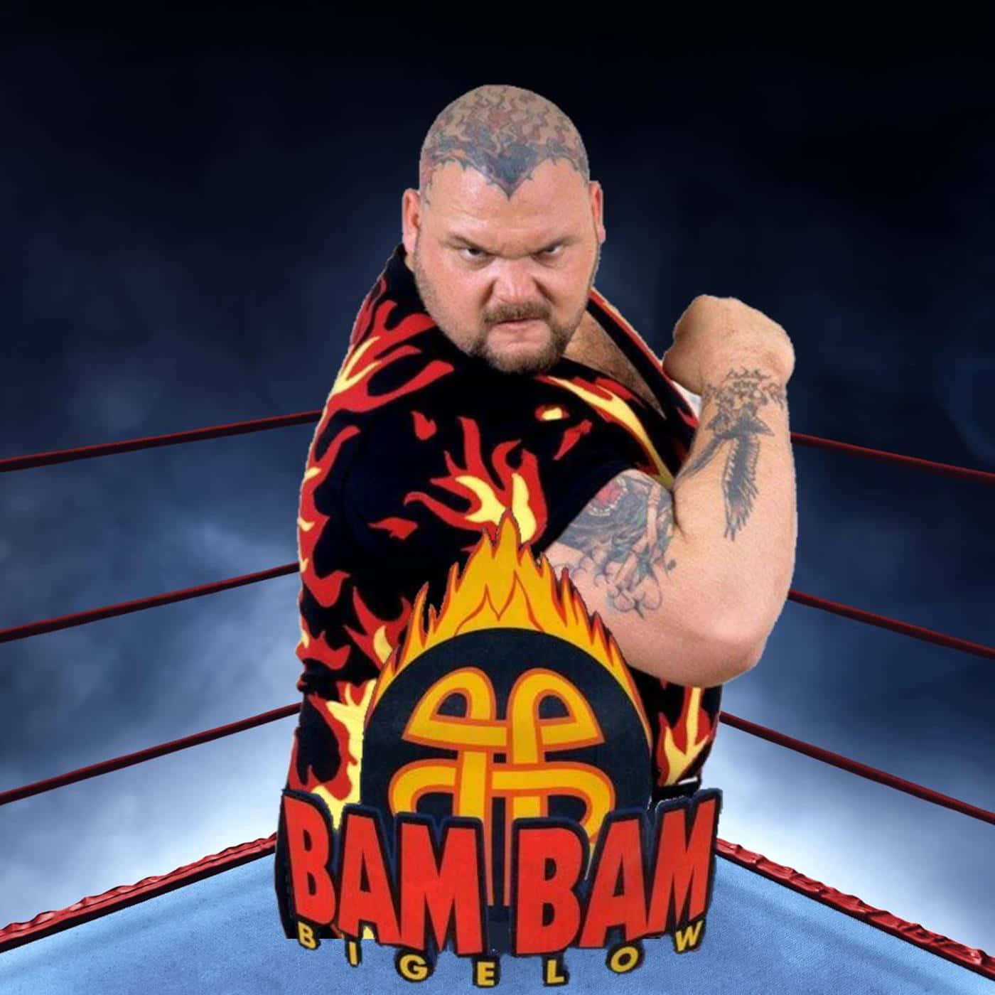Bam Bam Bigelow Once Upon A Turnbuckle 壁紙 — 一位肌肉發達、帶有紋身的摔角手在擂台上擺姿勢，身穿火焰圖案襯衫，上面有 'BAM BAM BIGELOW' 標誌。