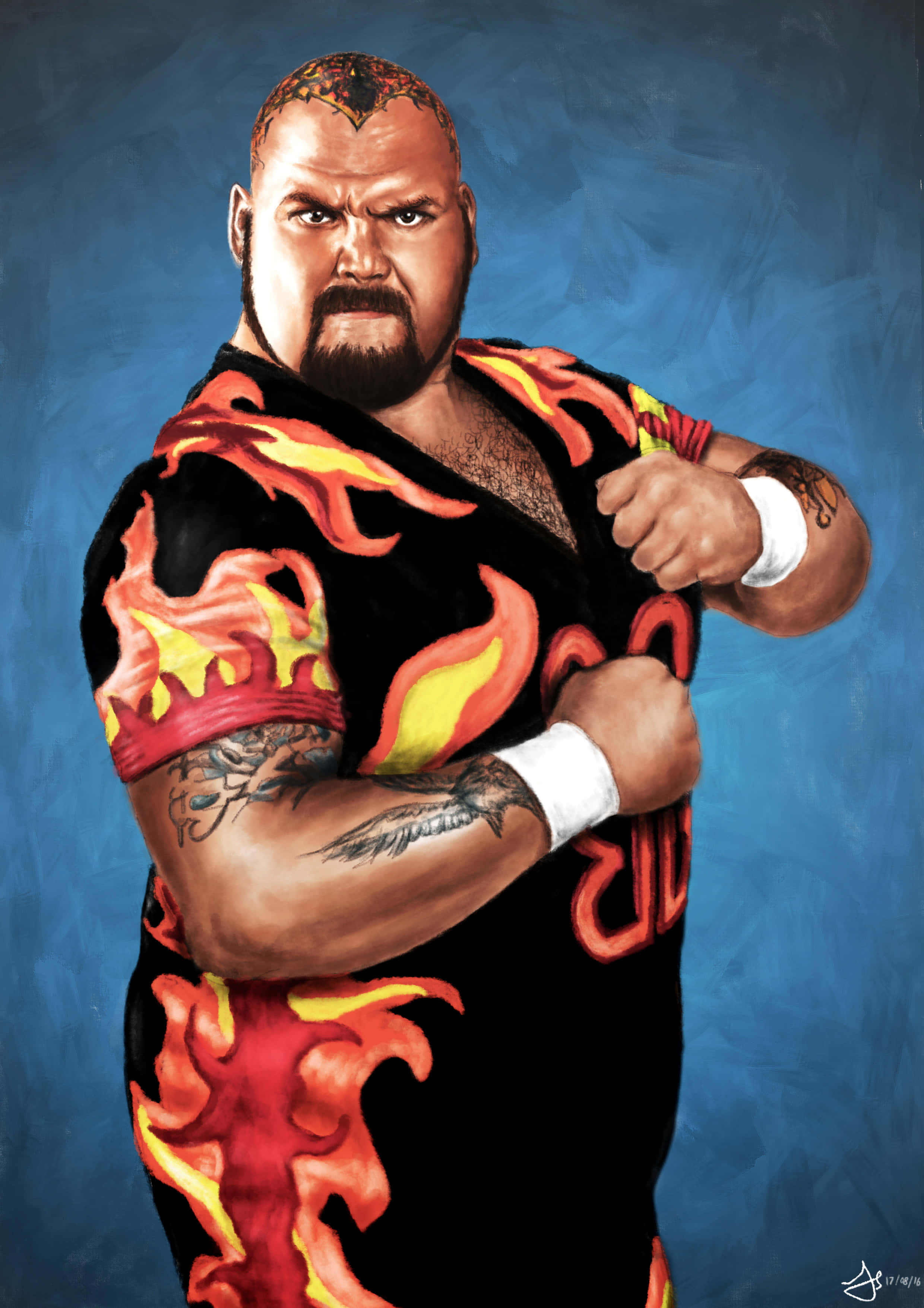 Bam Bam Bigelow 雄壯肌肉體態肖像照 壁紙 — 一位肌肉發達的摔角手，身上有紋身，穿著火熱的橙色火焰圖案服裝，在帶有紋理的藍色背景前做出挑釁姿勢。