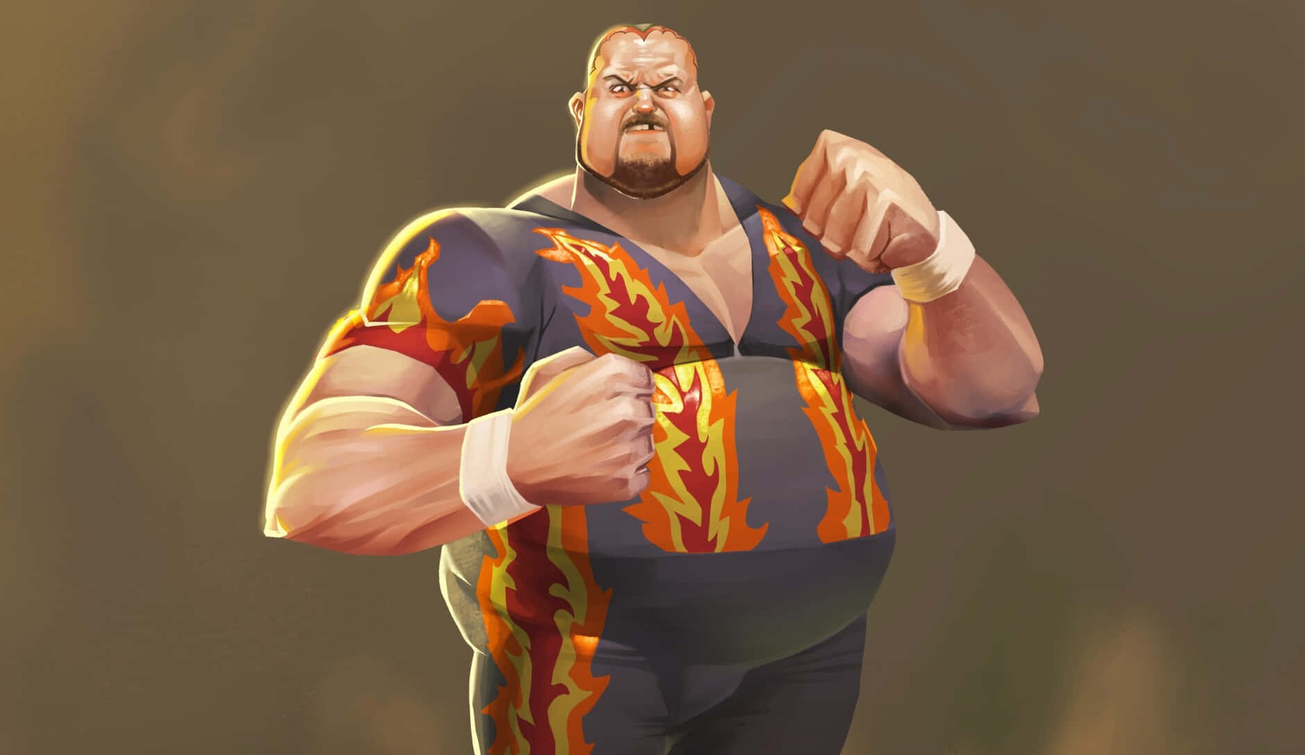 Bam Bam Bigelow WWE 數位粉絲藝術壁紙 壁紙 — 一位肌肉發達的摔角手穿著火焰圖案的緊身衣，在柔和的棕色背景下強力地展示肌肉。