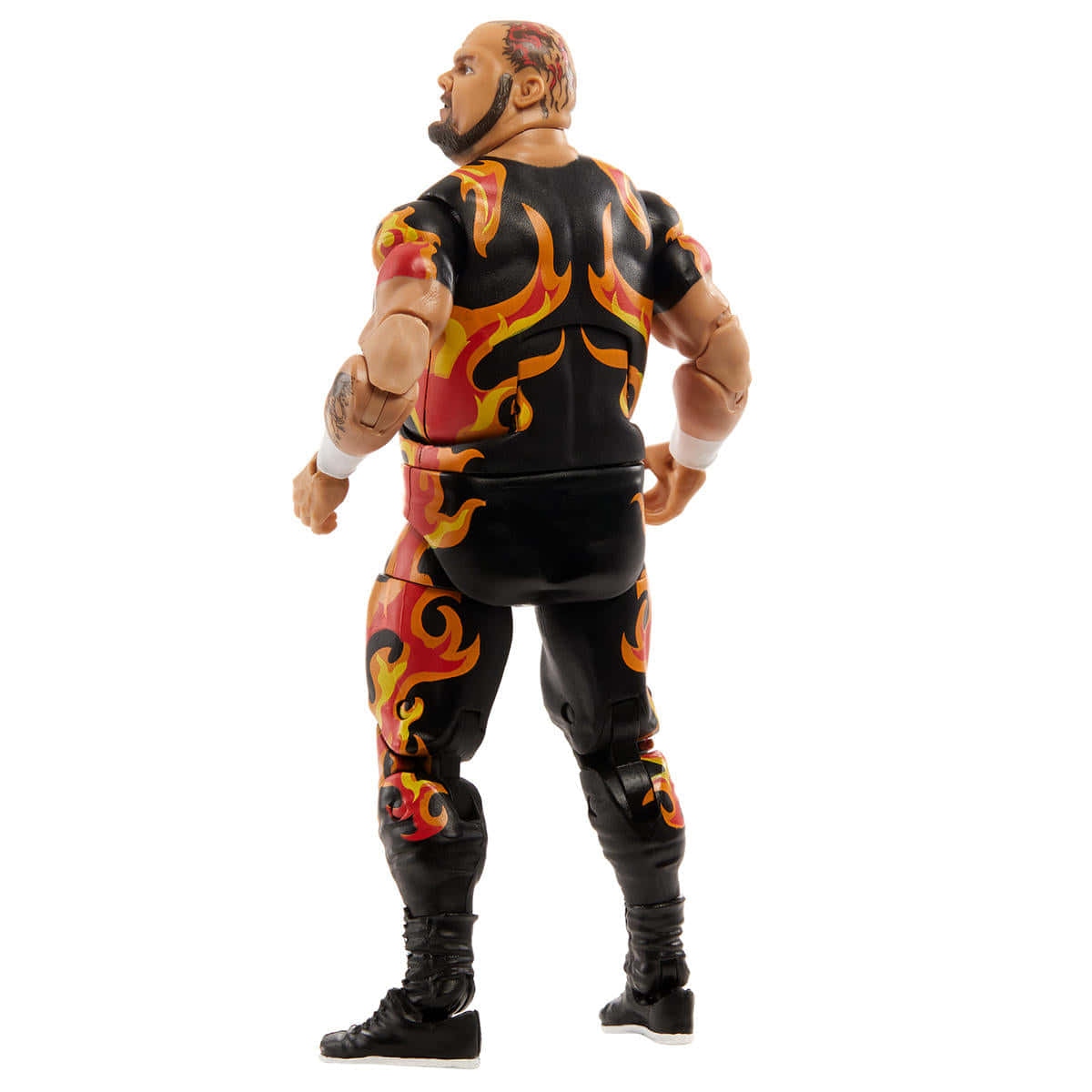 Bam Bam Bigelow WWE Elite 系列動作人偶背面壁紙 壁紙 — 一個肌肉發達的摔角手動作人偶，身穿黑色火焰圖案服裝，側面站立在純白背景前。