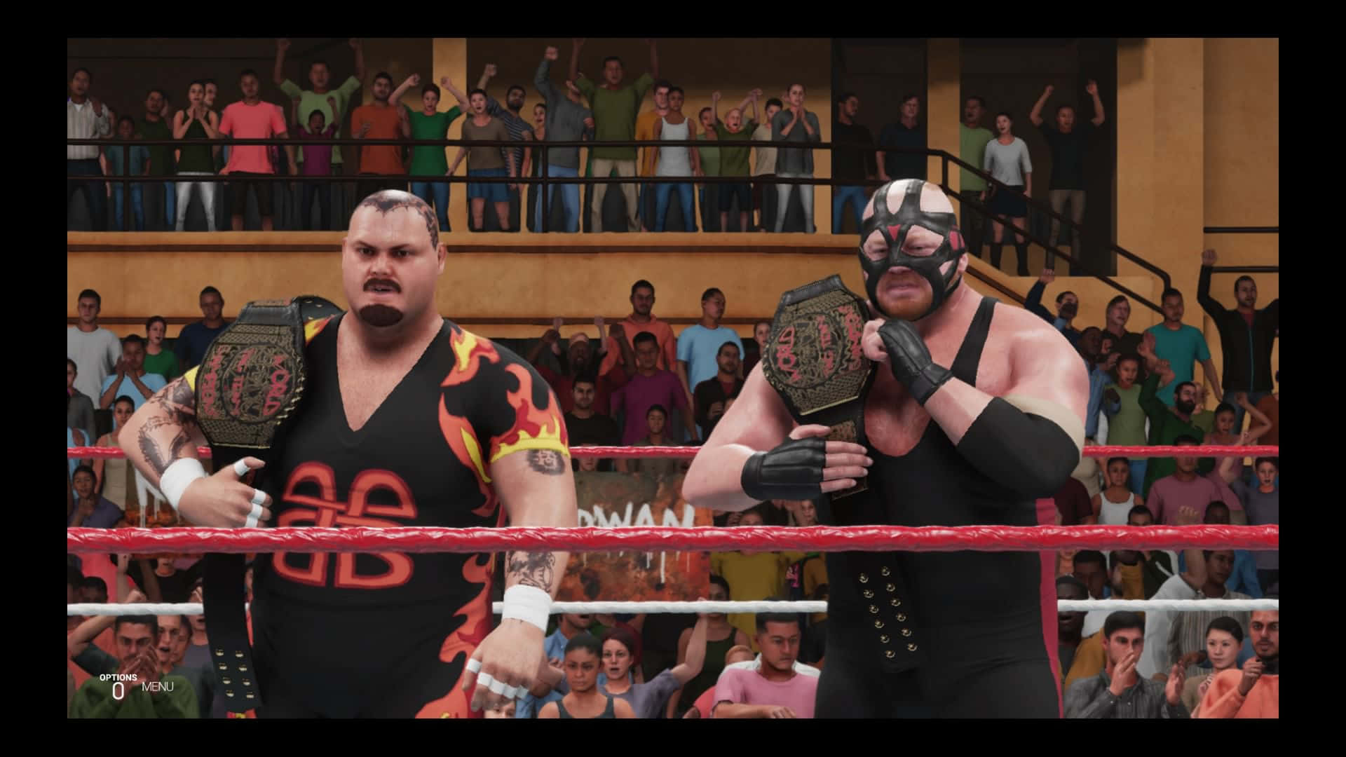 Bam Bam Bigelow 與 Big Van Vader WWE 節目擂台 壁紙 — 兩名摔角手在擂台上高舉冠軍腰帶，興奮的觀眾在看台上歡呼。