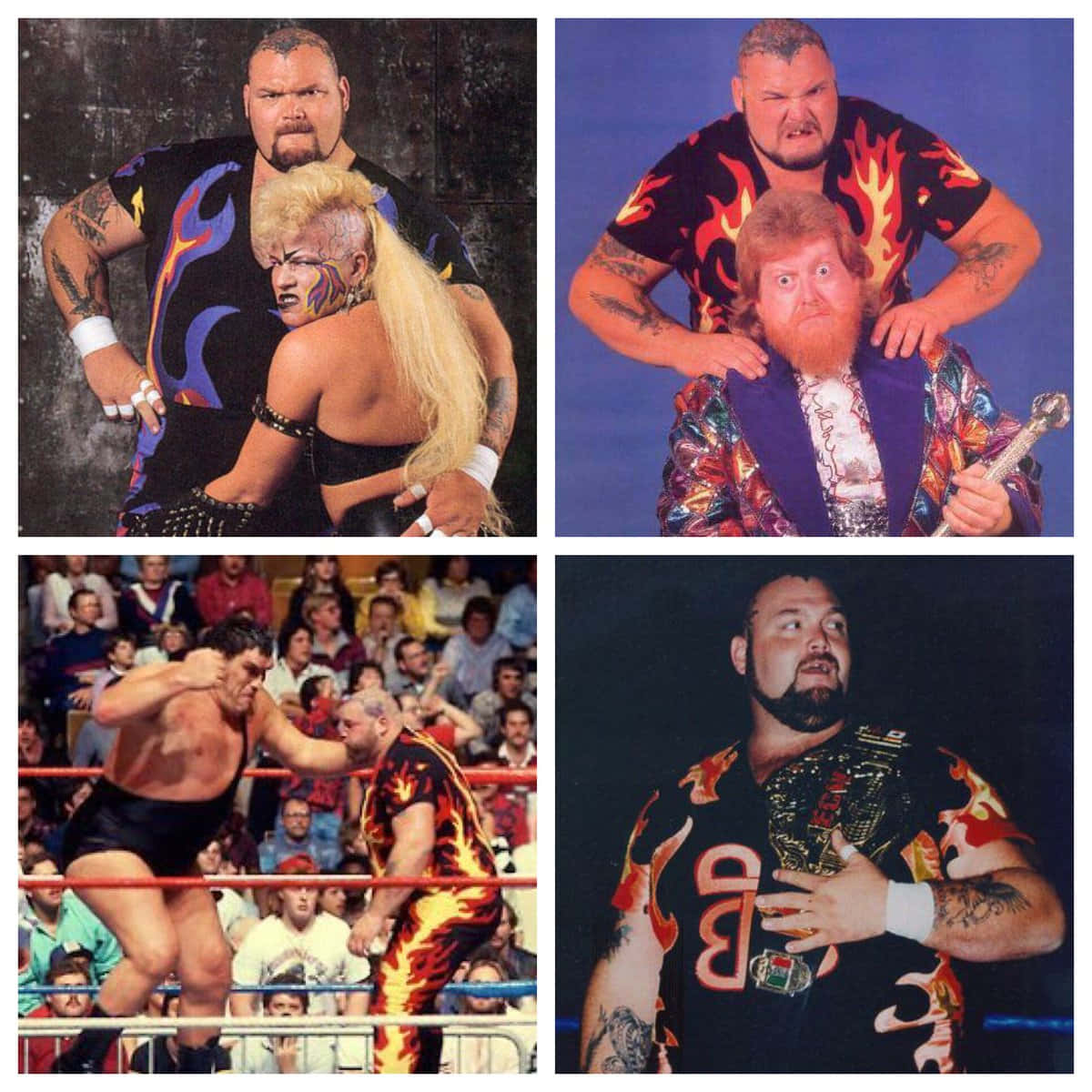 Bam Bam Bigelow WWE 比賽精彩集錦拼貼壁紙 壁紙 — 四張WWE摔角手穿著華麗服裝在擂台上擺姿勢和摔角，周圍有觀眾的照片。