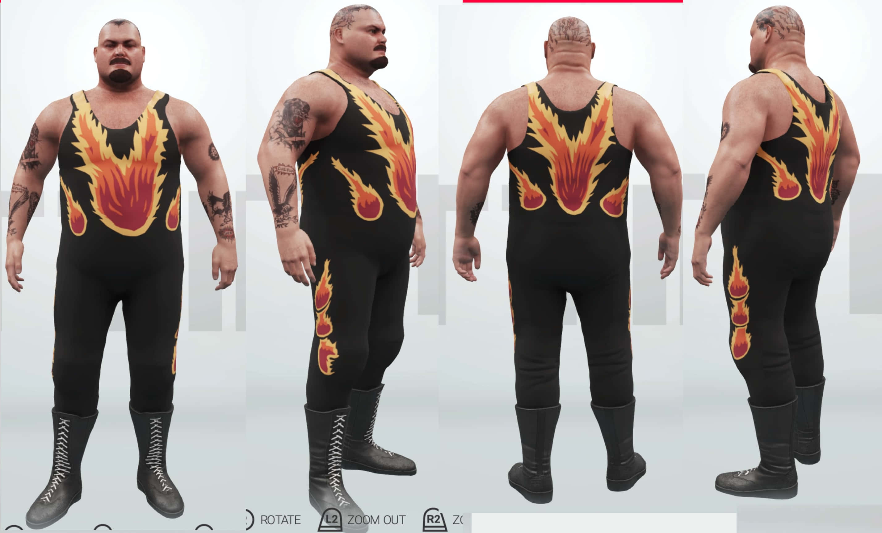 Bam Bam Bigelow 80年代NJPW風格遊戲角色設計 壁紙 — 一個肌肉發達的摔角手穿著黑色火焰圖案緊身衣和靴子，在純色工作室背景前從多個角度展示。