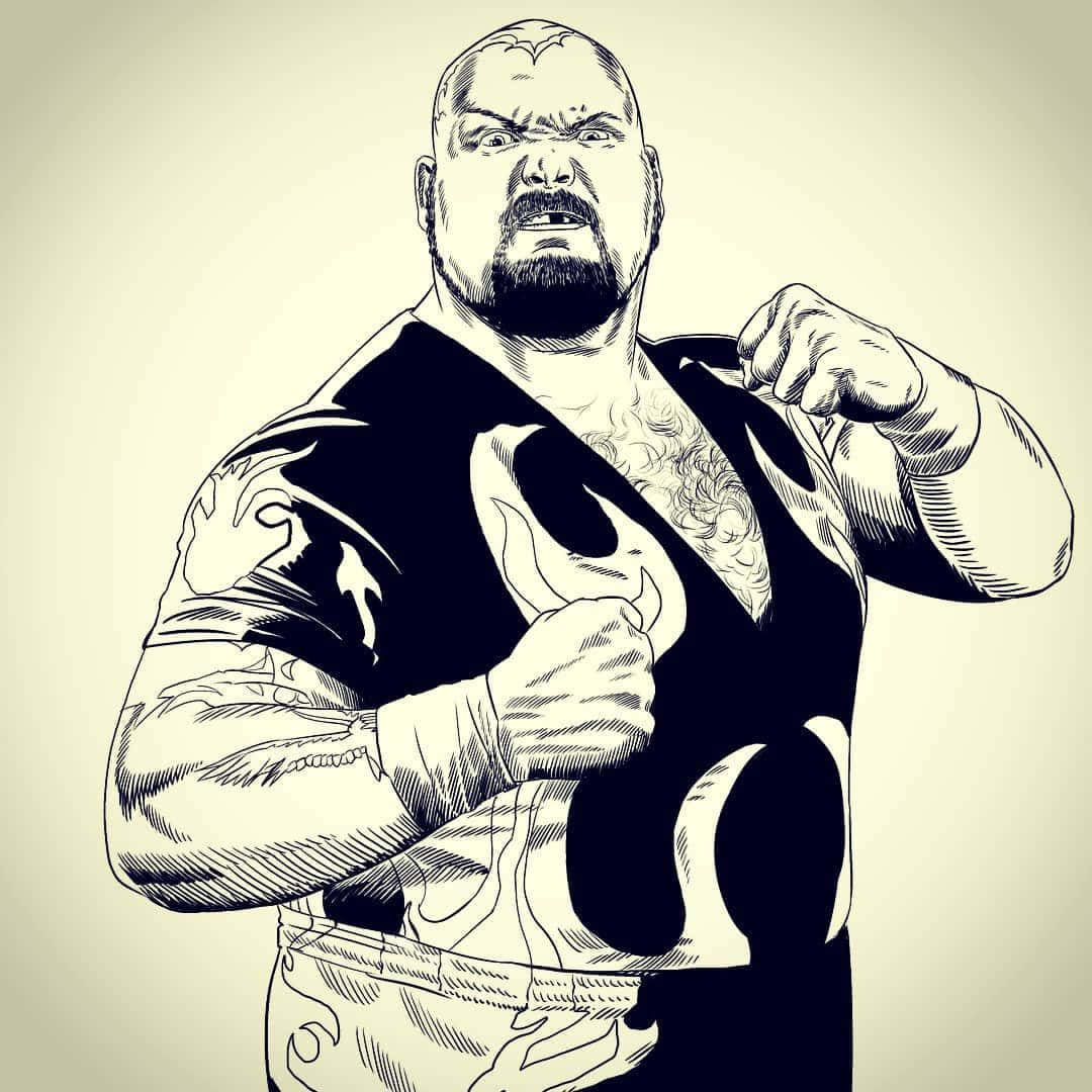 Bam Bam Bigelow WWE 繪畫藝術插圖 壁紙 — 一個肌肉發達、表情兇猛、有紋身的摔角手，在黑白插圖中展示他的手臂肌肉。
