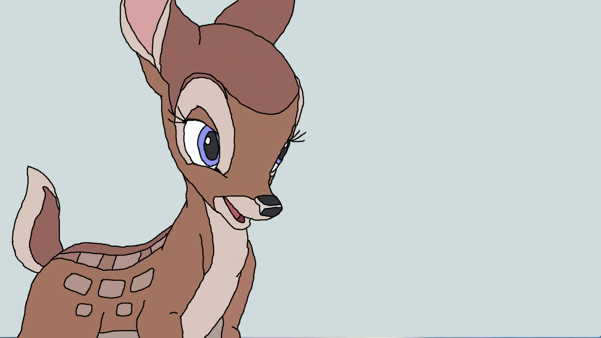 Bambi 數位繪畫 壁紙 — 一隻可愛的卡通小鹿，有著大大的藍色眼睛和棕色斑點，在純淺藍色背景上溫柔地微笑。