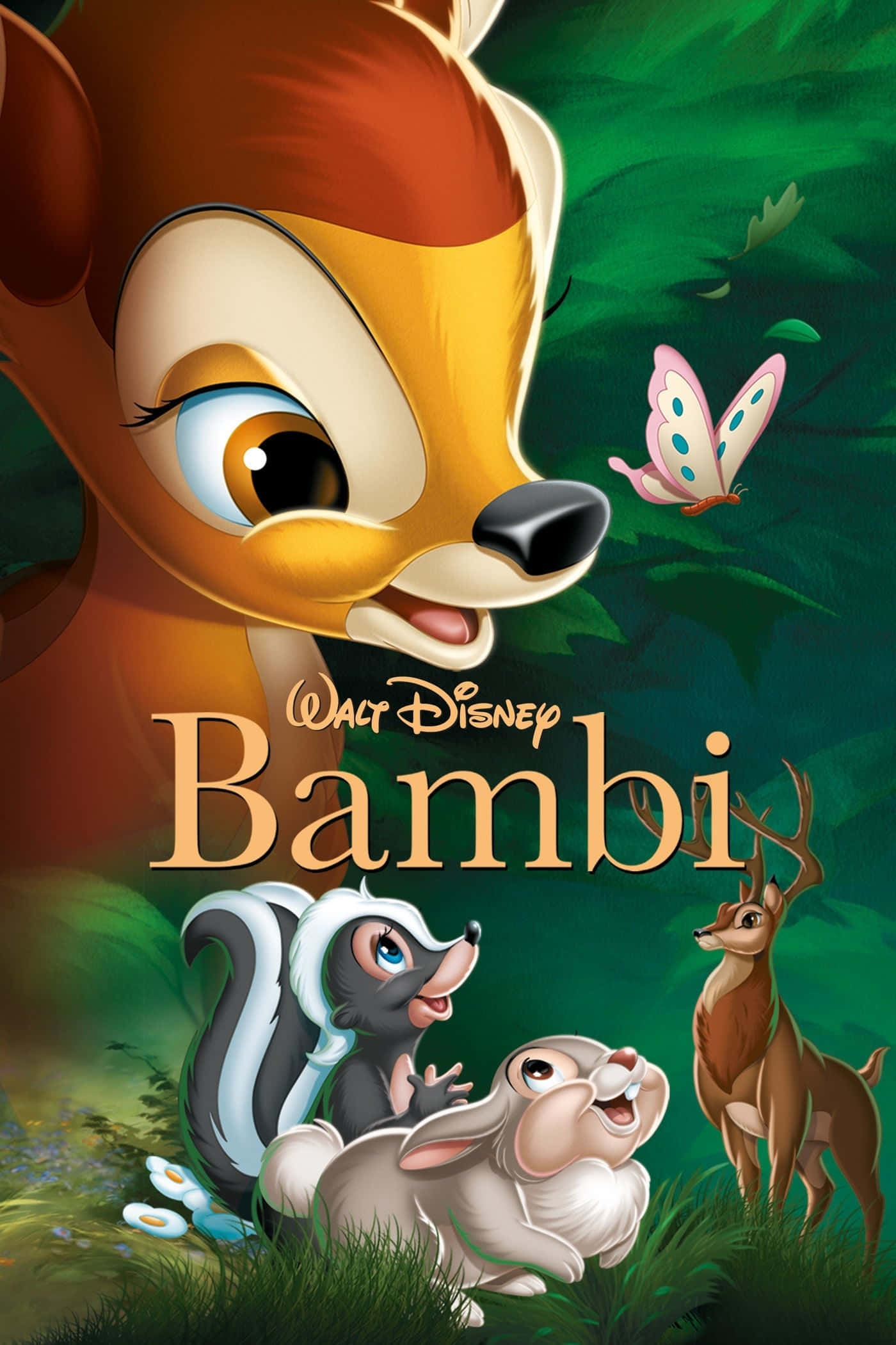 Bambi與Thumper在春天共享美好時光 壁紙 — 經典迪士尼動畫海報，描繪小鹿斑比和朋友們在翠綠森林中，附近有蝴蝶飛舞。
