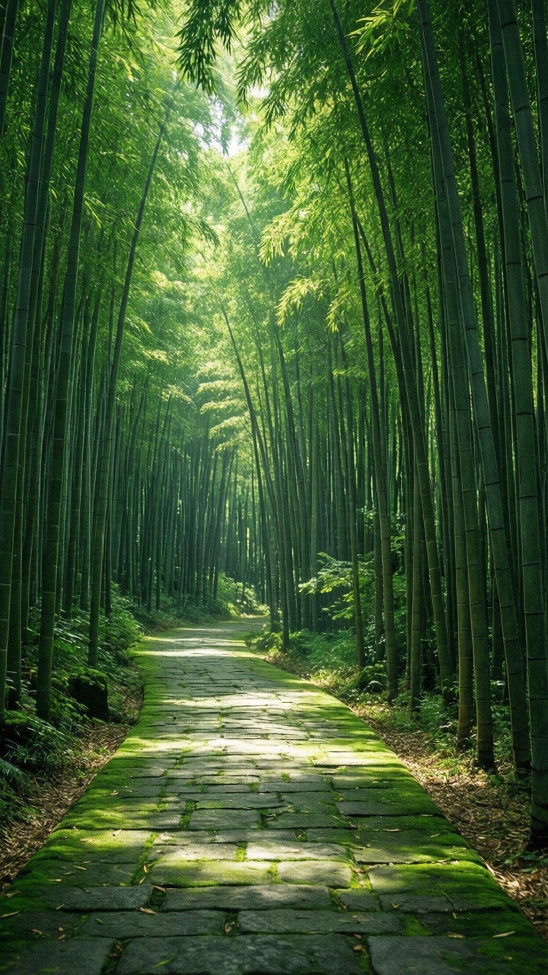 Bamboo Forest Path 壁紙 — 一條陽光普照的石徑蜿蜒穿過茂密的竹林，斑駁的綠光在高聳的竹桿間過濾。