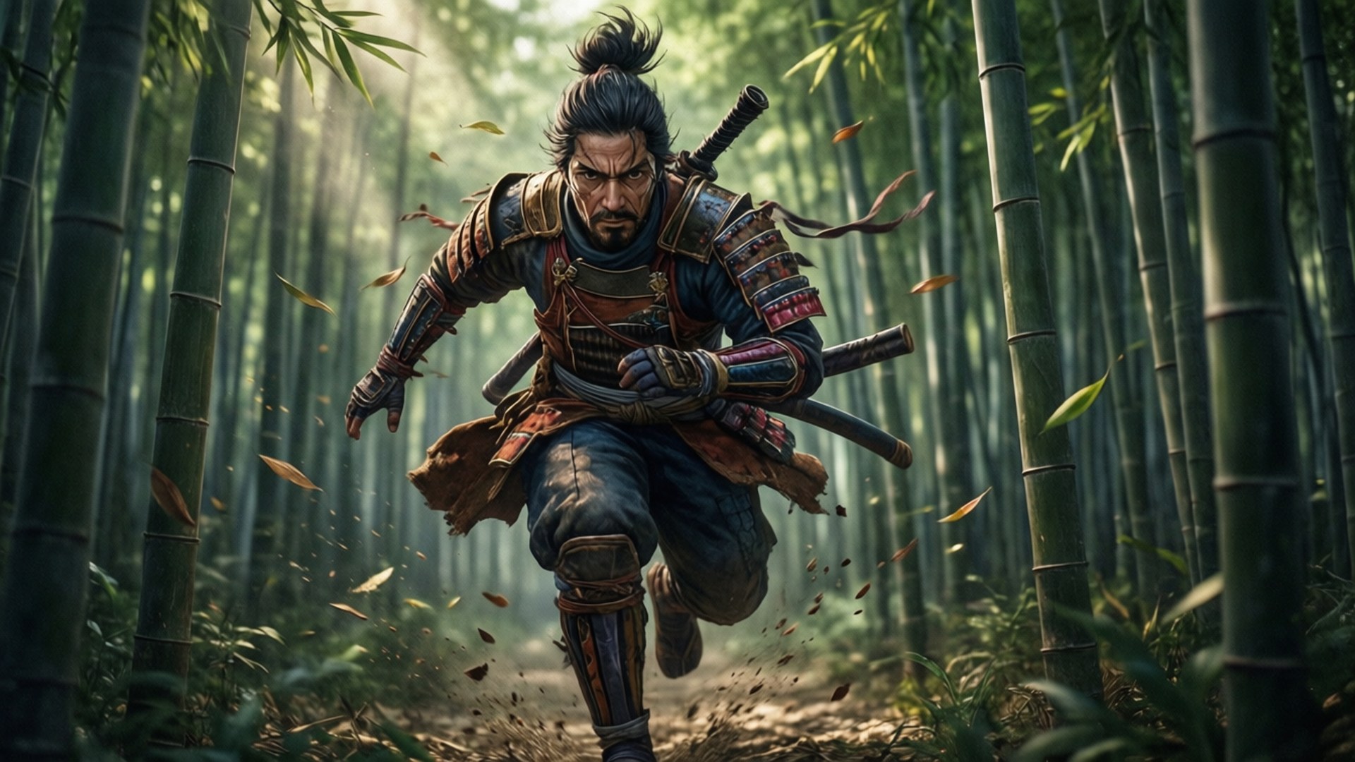 Bamboo Forest Sprint 壁紙 — 一位身穿精細盔甲的武士武士在陽光明媚的竹林裡奔跑，揚起樹葉和泥土。