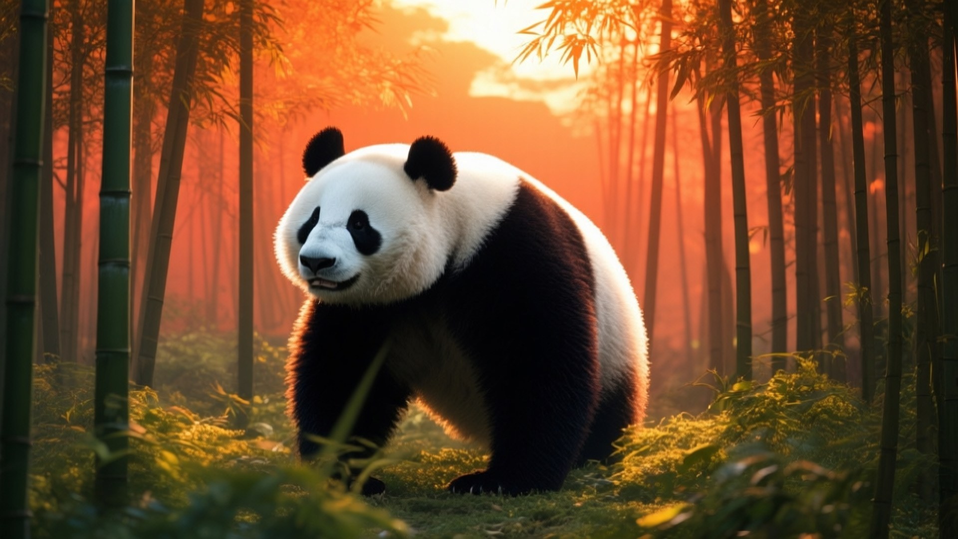 一隻大熊貓在日落時分穿過竹林。