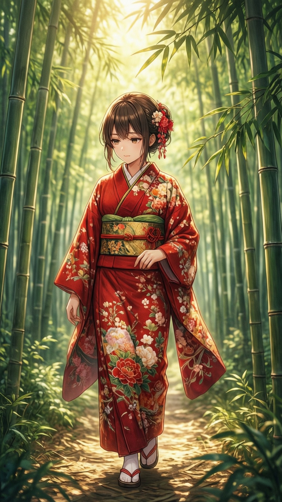 一個身穿紅色花卉和服的女孩沿著竹林小徑行走，陽光穿過綠色的竹竿。