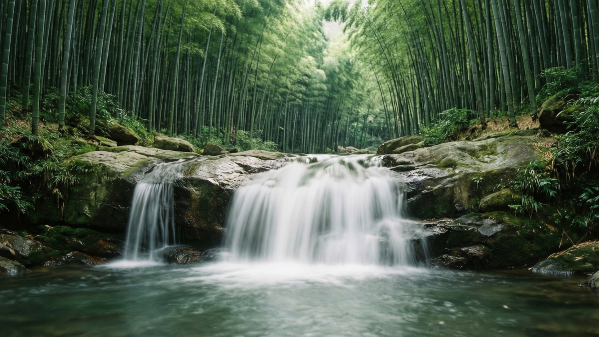 瀑布在竹林中流過岩石