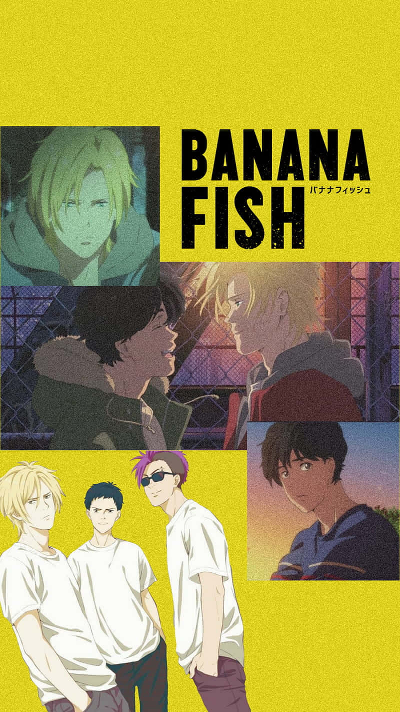  壁紙 — 鮮黃色背景上，Banana Fish 的動漫角色以動態面板佈局呈現，並帶有粗體標題文字。