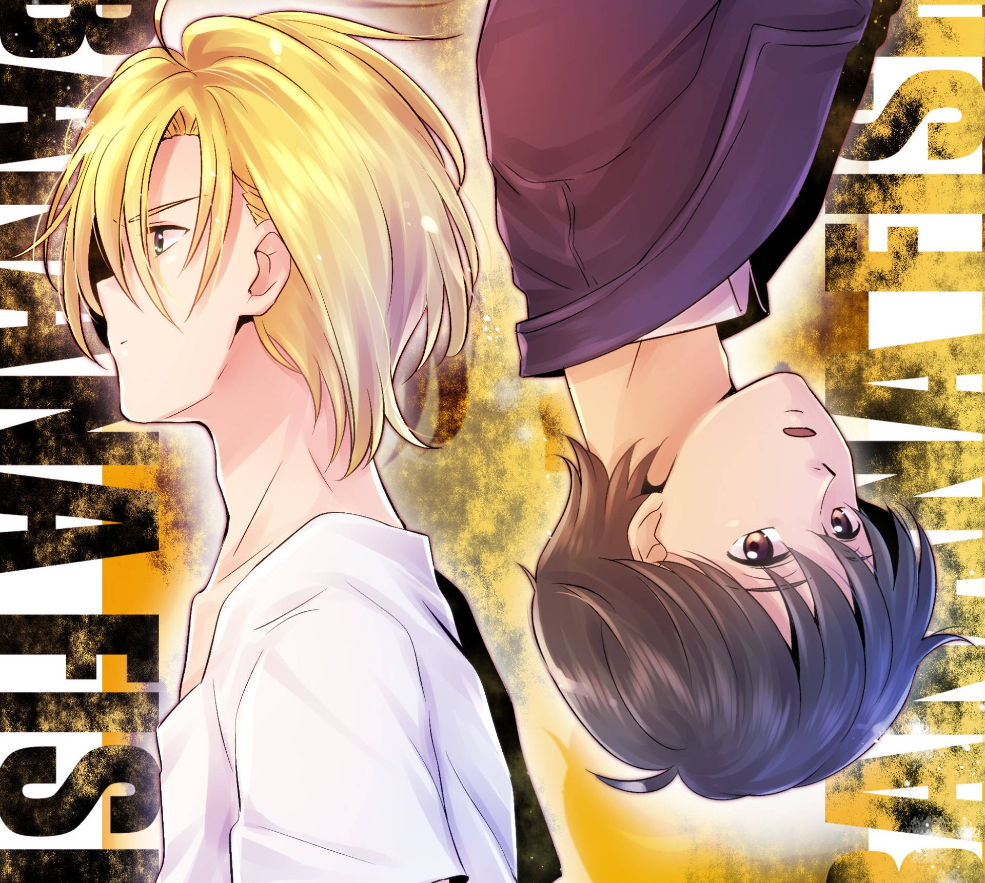 Banana Fish 動漫藝術海報 壁紙 — 兩個動漫男孩，一個直立，一個倒立，在金色紋理背景上，帶有粗體文字。