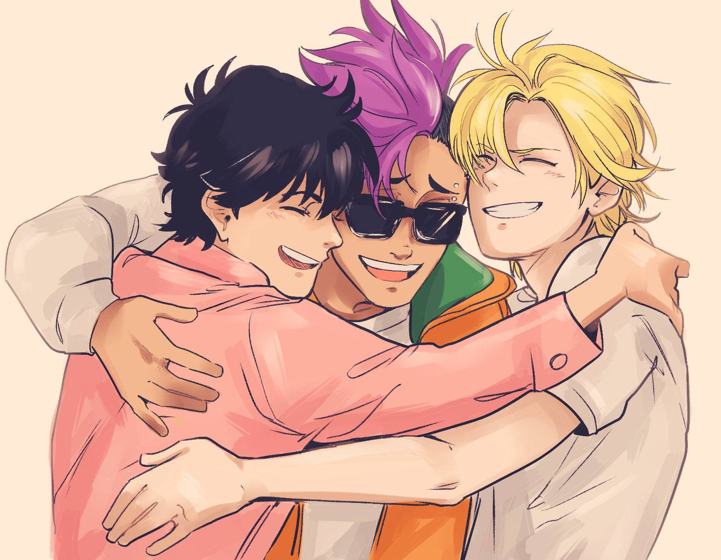 《Banana Fish》可愛動漫男孩 壁紙 — 三個動畫男孩，頭髮尖尖，在柔和的米色背景前緊緊擁抱，形成一個歡樂的群體擁抱。