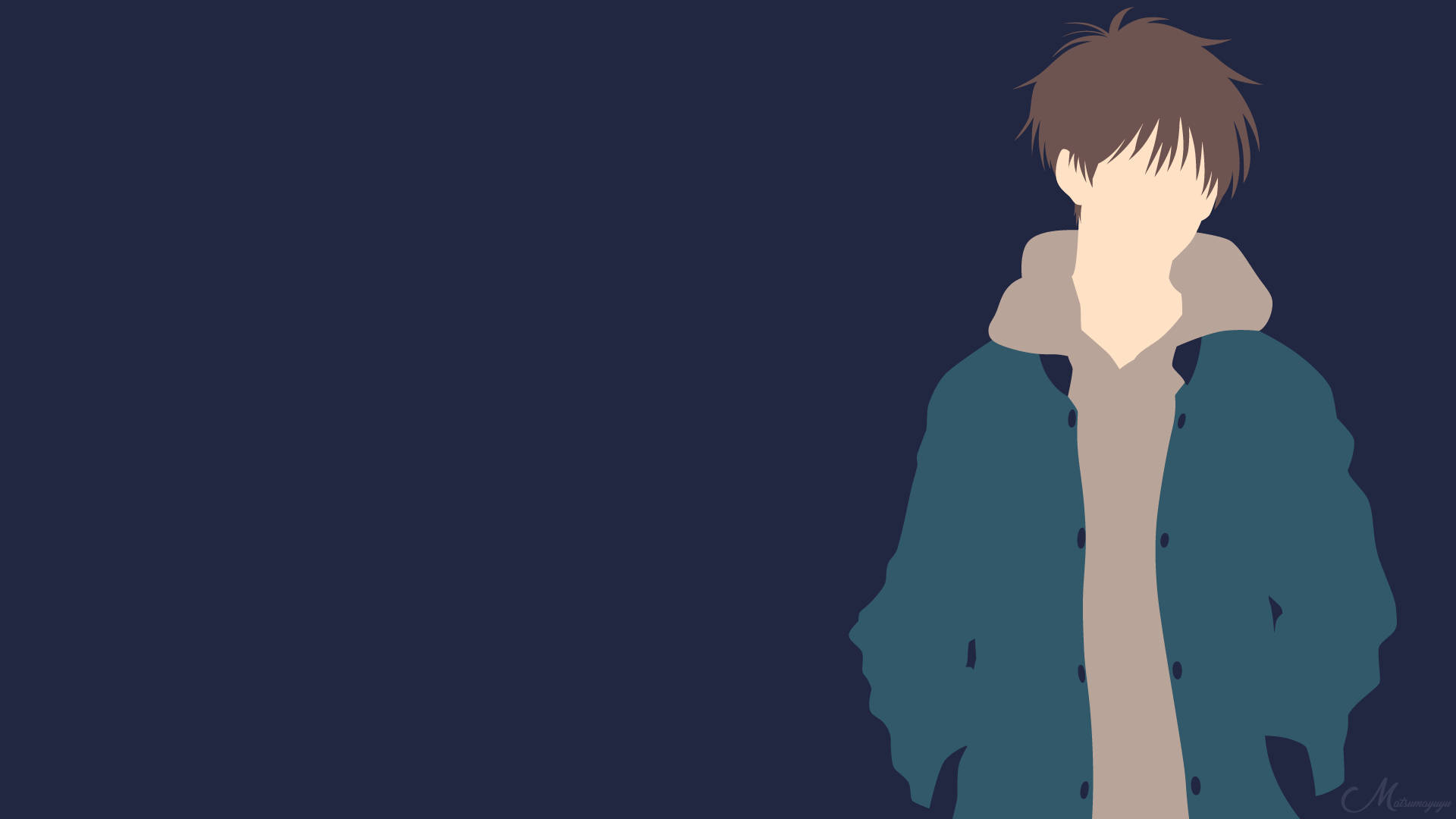 Banana Fish 最簡風格 艾吉·岡村 壁紙 — 一個極簡風格的動漫人物穿著青綠色外套，站在純深藍色背景前，沒有面部特徵。