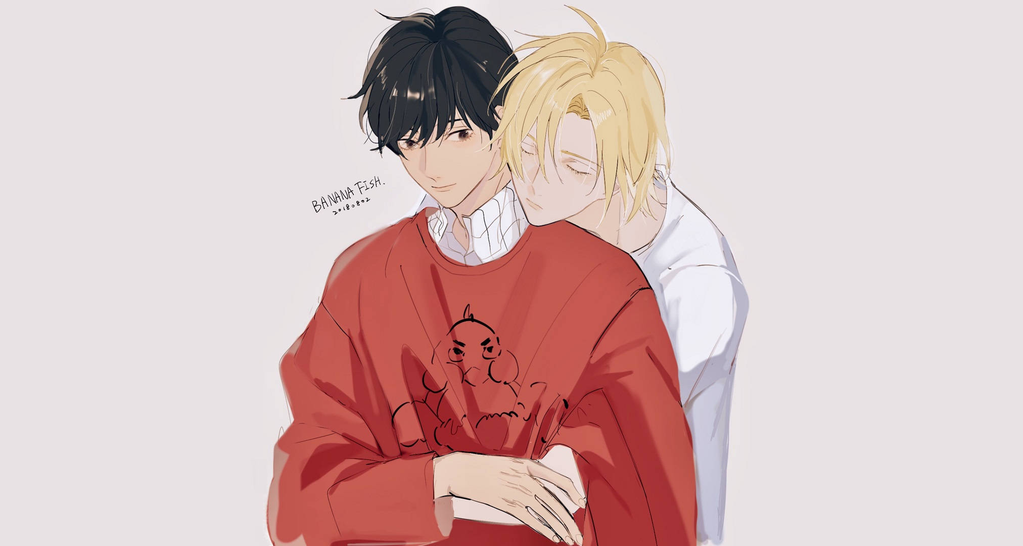 Banana Fish 阿什與艾吉的甜蜜時光 壁紙 — 兩個動漫男孩溫暖地擁抱，一個穿紅色毛衣，另一個穿白色襯衫，背景簡單。