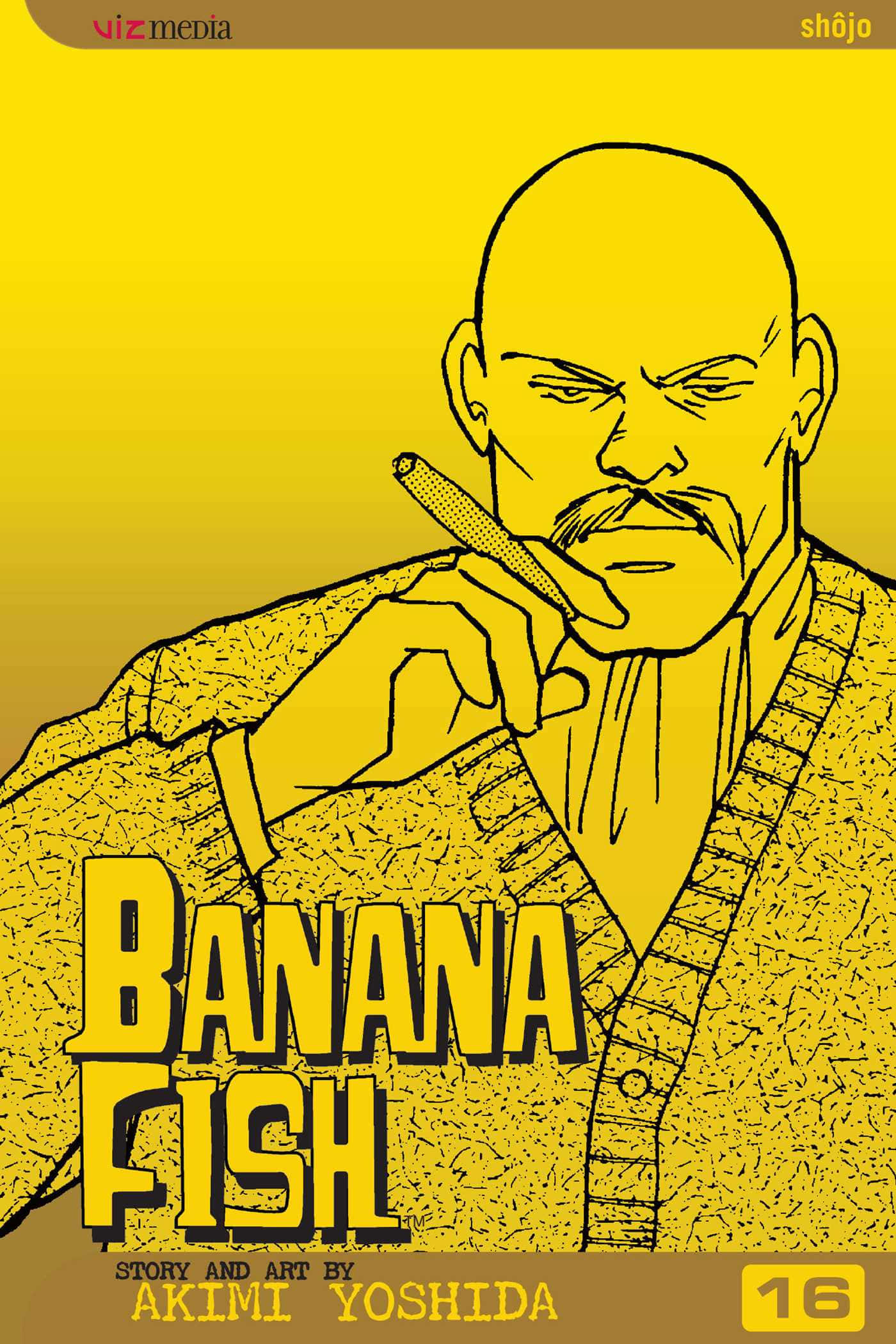 Banana Fish動畫主角Ash與Eiji的迷人對峙 壁紙 — 一個光頭留鬍鬚的男人在鮮黃色漸變背景上抽雪茄，帶有「Banana Fish」標題。
