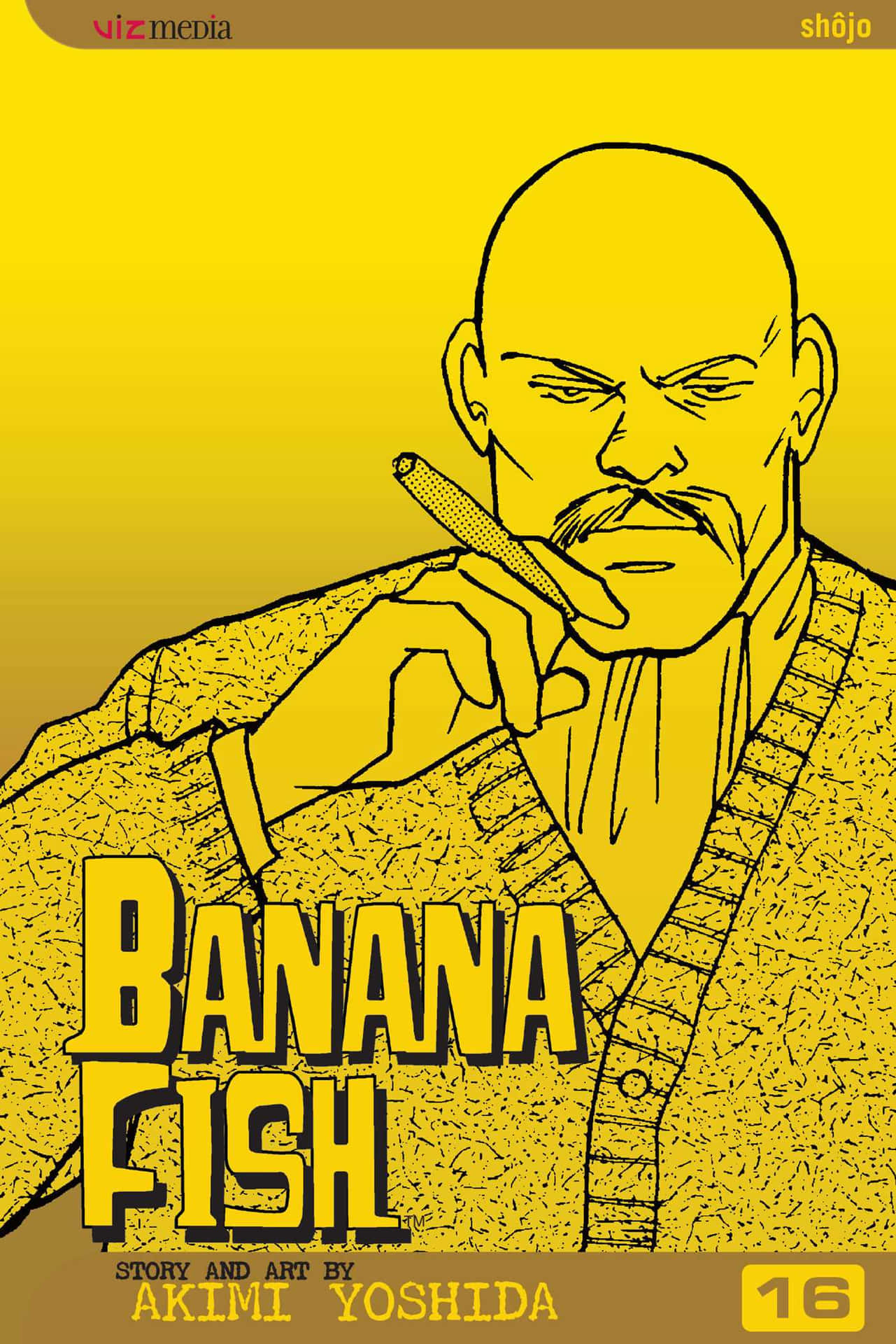 Banana Fish 的動畫封面藝術， featuring 一個光頭男人抽雪茄。
