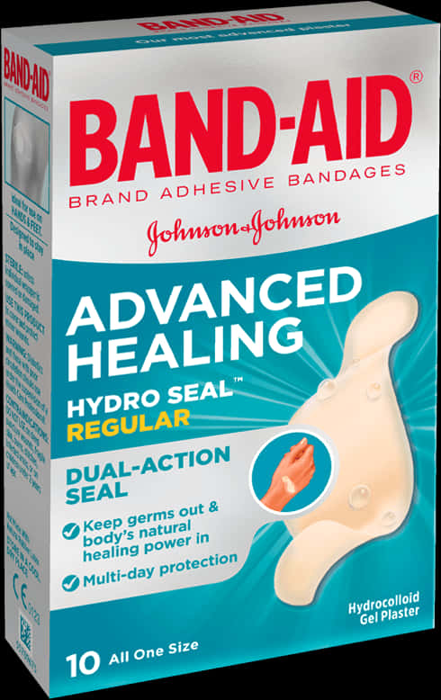 Band-Aid 高級愈合水封盒裝 壁紙 — 一盒 Band-Aid Advanced Healing 水膠體凝膠貼片，帶有米色繃帶圖案，背景為青綠色和白色。