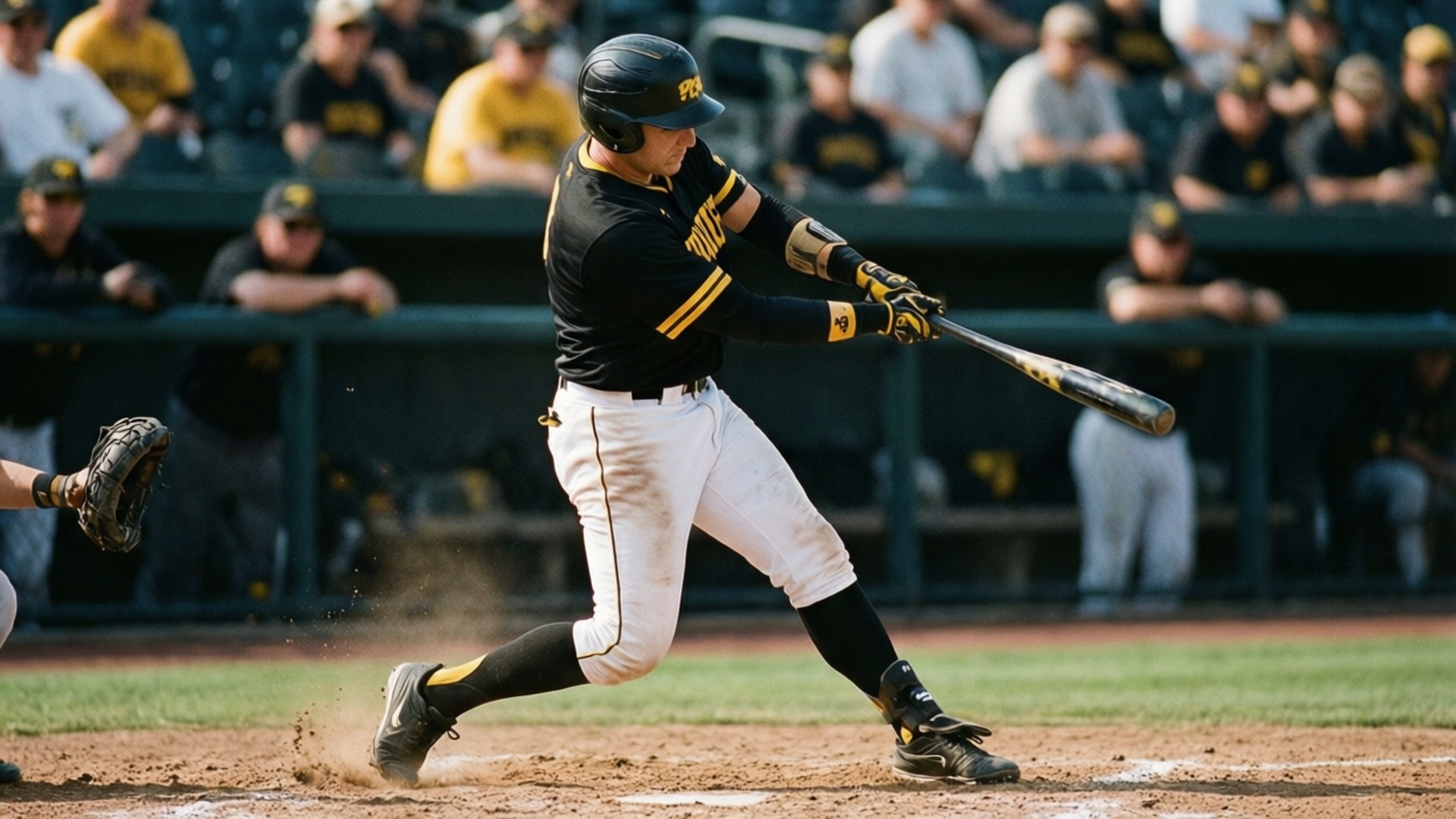 Hawkeyes Baseball Swing 壁紙 — 一名身穿黑金色球衣的棒球手在日間比賽中於本壘板強力揮棒，踢起泥土。
