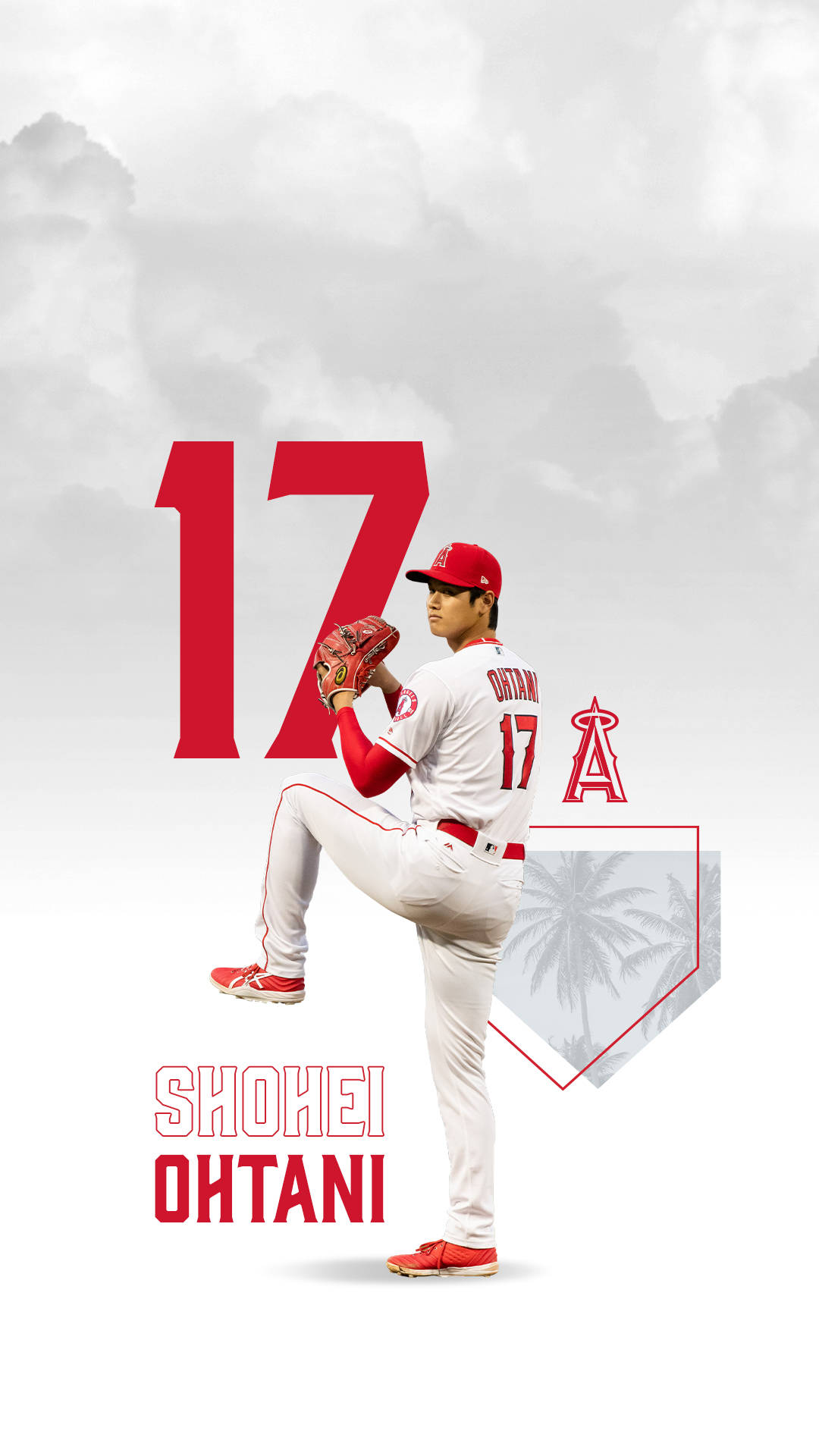 大谷翔平身穿天使隊棒球球衣，以17號投球。