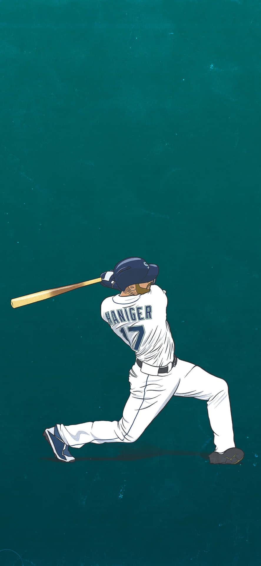  壁紙 — 一名身穿白色球衣、名字為Haniger、號碼17的棒球選手，在青綠色背景前揮棒。