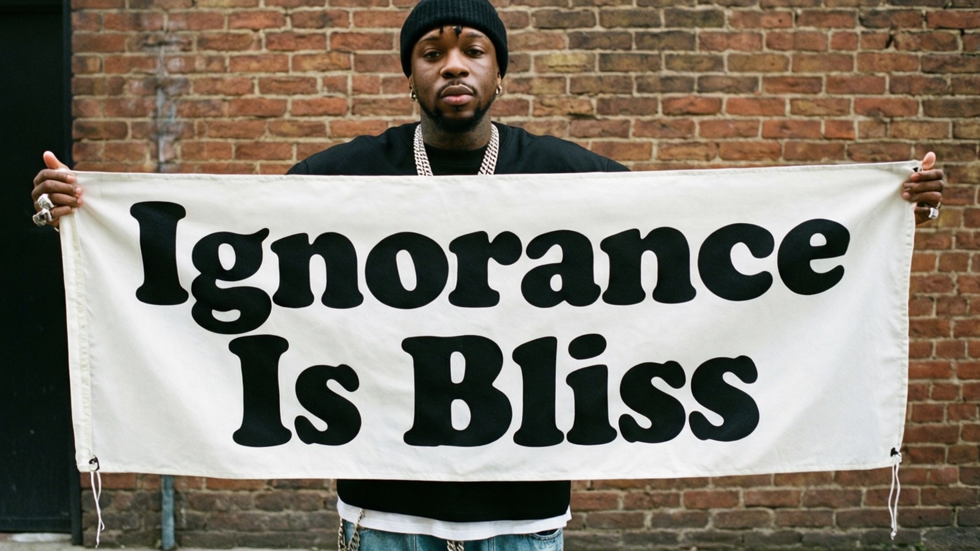 男人在磚牆前舉著寫有「Ignorance Is Bliss」的橫幅