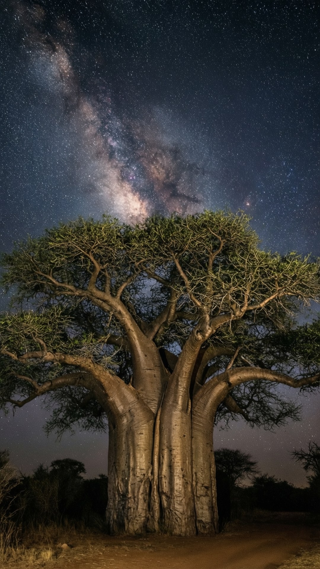 一棵大猴麵包樹在星空下，銀河可見