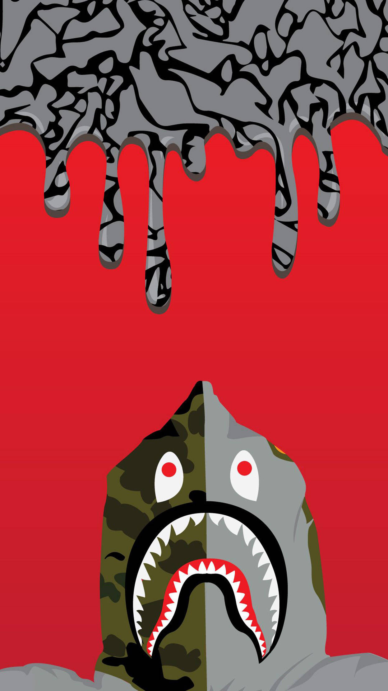BAPE 鯊魚 iPhone 壁紙 — 一個風格化的鯊魚頭，帶有迷彩和灰色兩半，從滴落在鮮紅色背景上的灰色岩層中浮現。