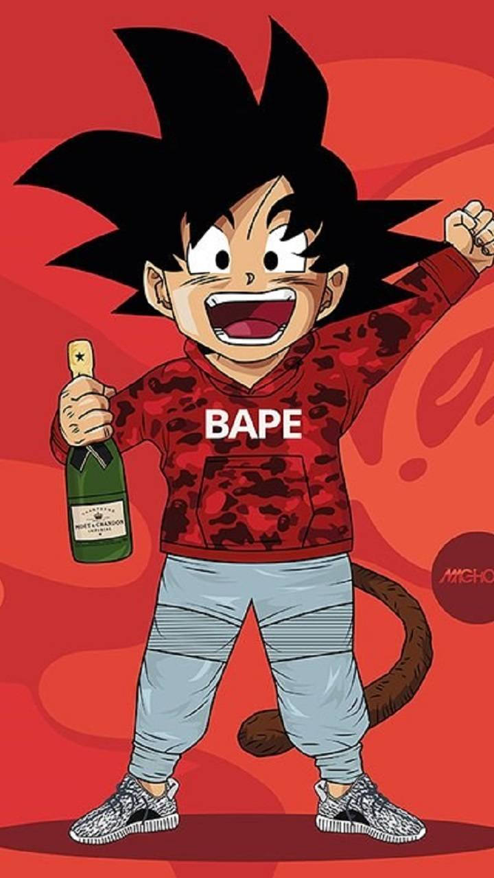 動漫角色穿著紅色BAPE連帽衫拿著香檳瓶。