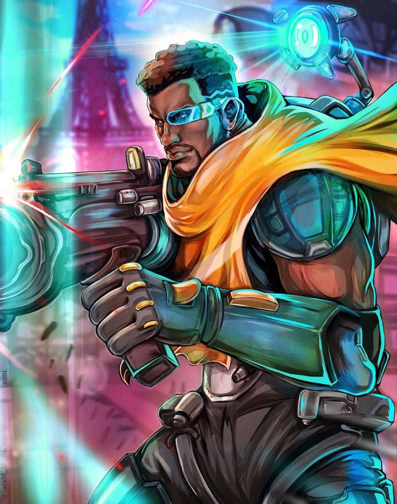 未來戰士發射能量武器，戴著發光護目鏡和橙色披風。
