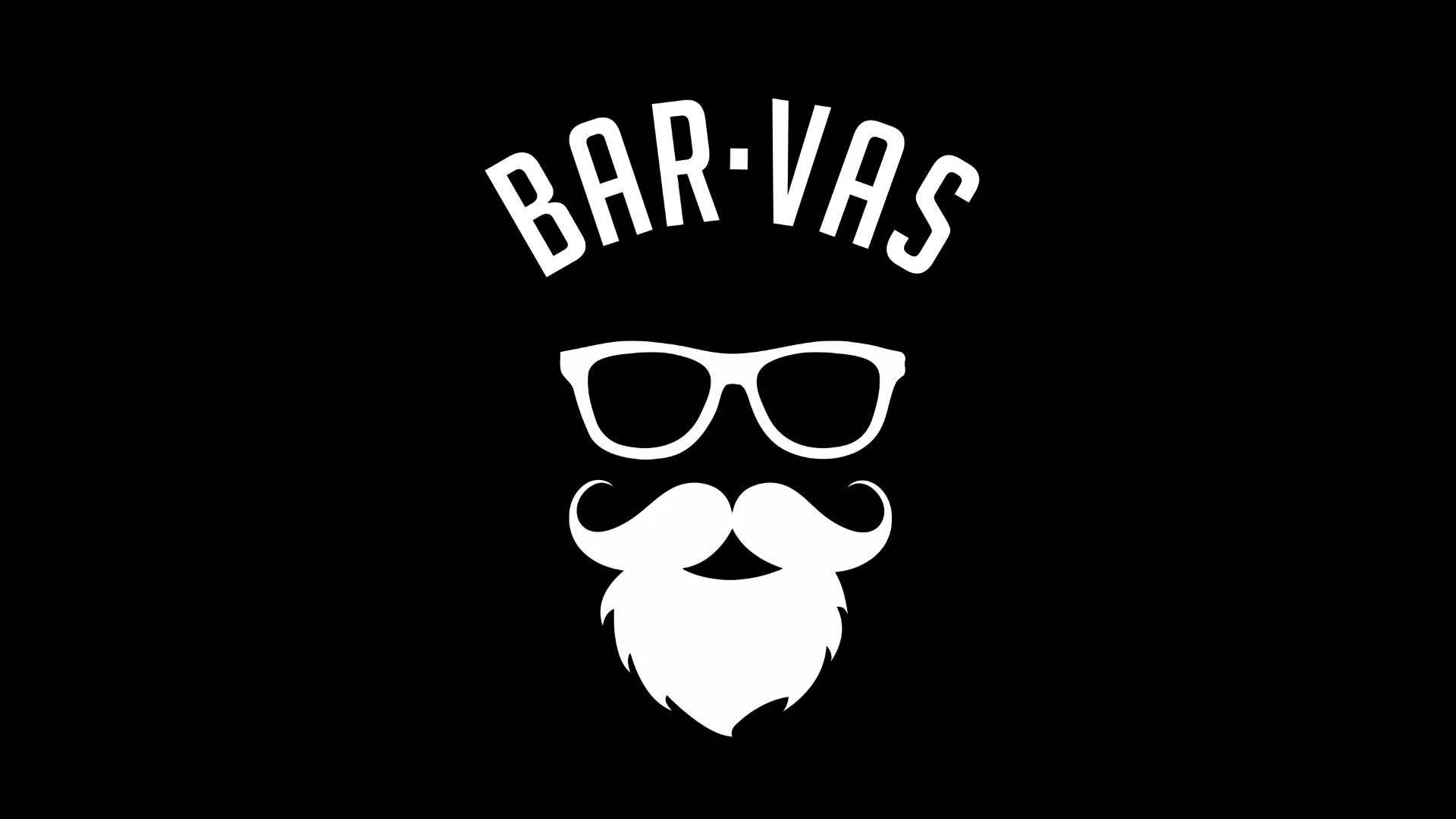 beard 桌布 壁紙 — BAR-VAS 的醒目白色標誌，帶有太陽眼鏡和鬍鬚，在純黑背景上。