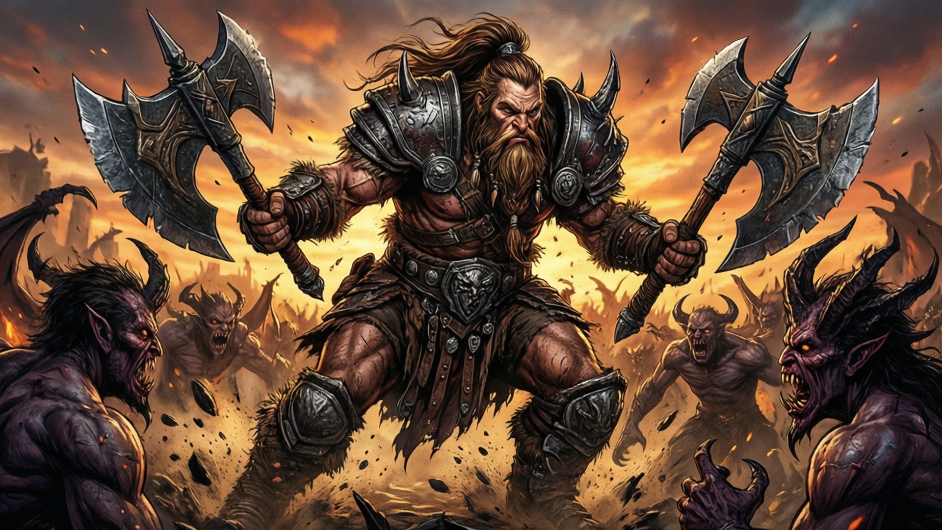 Barbarian's Charge 壁紙 — 一個肌肉發達、留鬍子的戰士身穿尖刺盔甲，在火紅橙色的天空下揮舞兩把巨斧對抗一群惡魔生物。