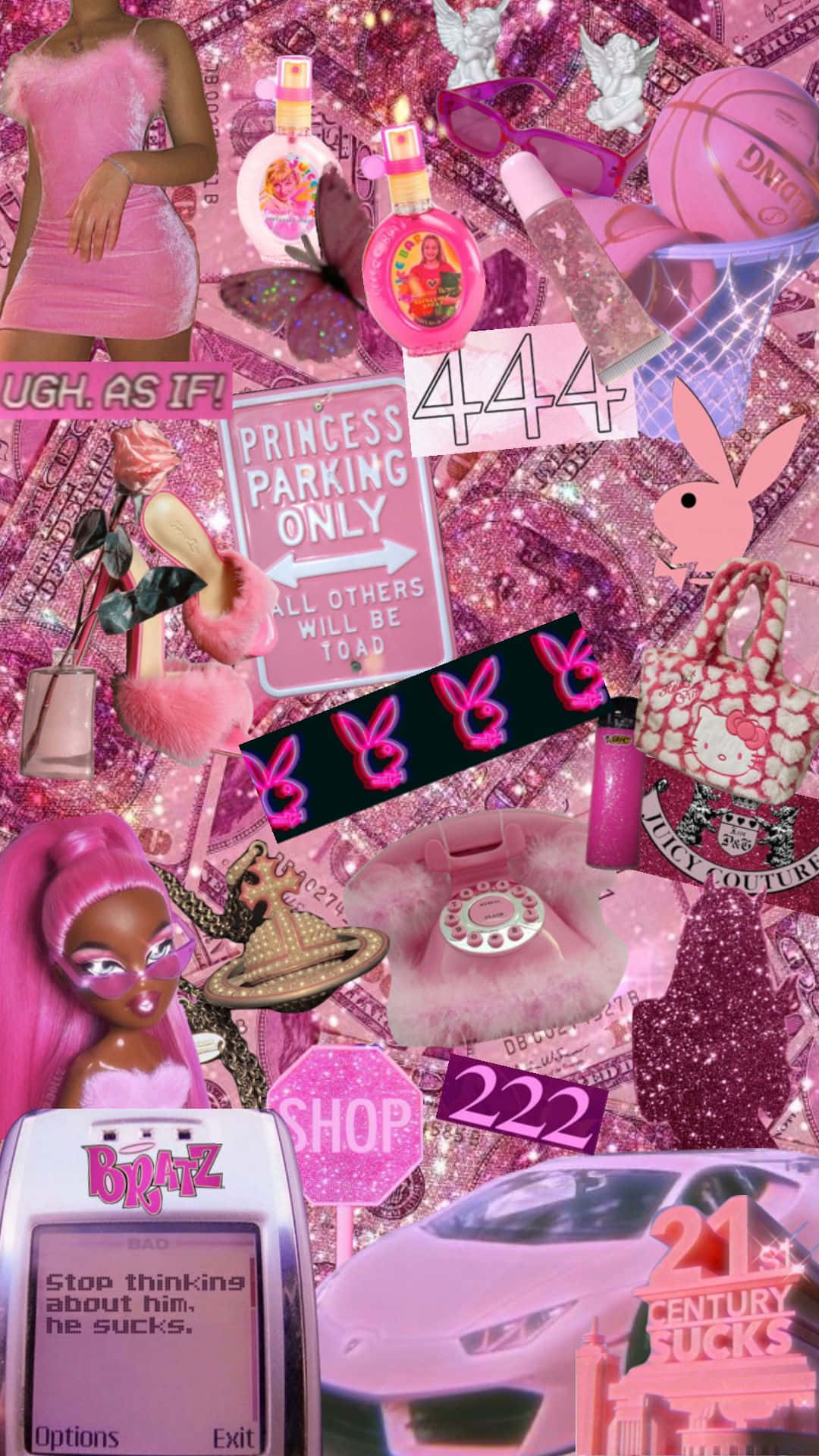 Glitter Barbie Aesthetic 桌布 壁紙 — 一個閃亮的粉紅色拼貼畫，包含芭比、Hello Kitty 和流行文化偶像，呈現混亂而有趣的風格。